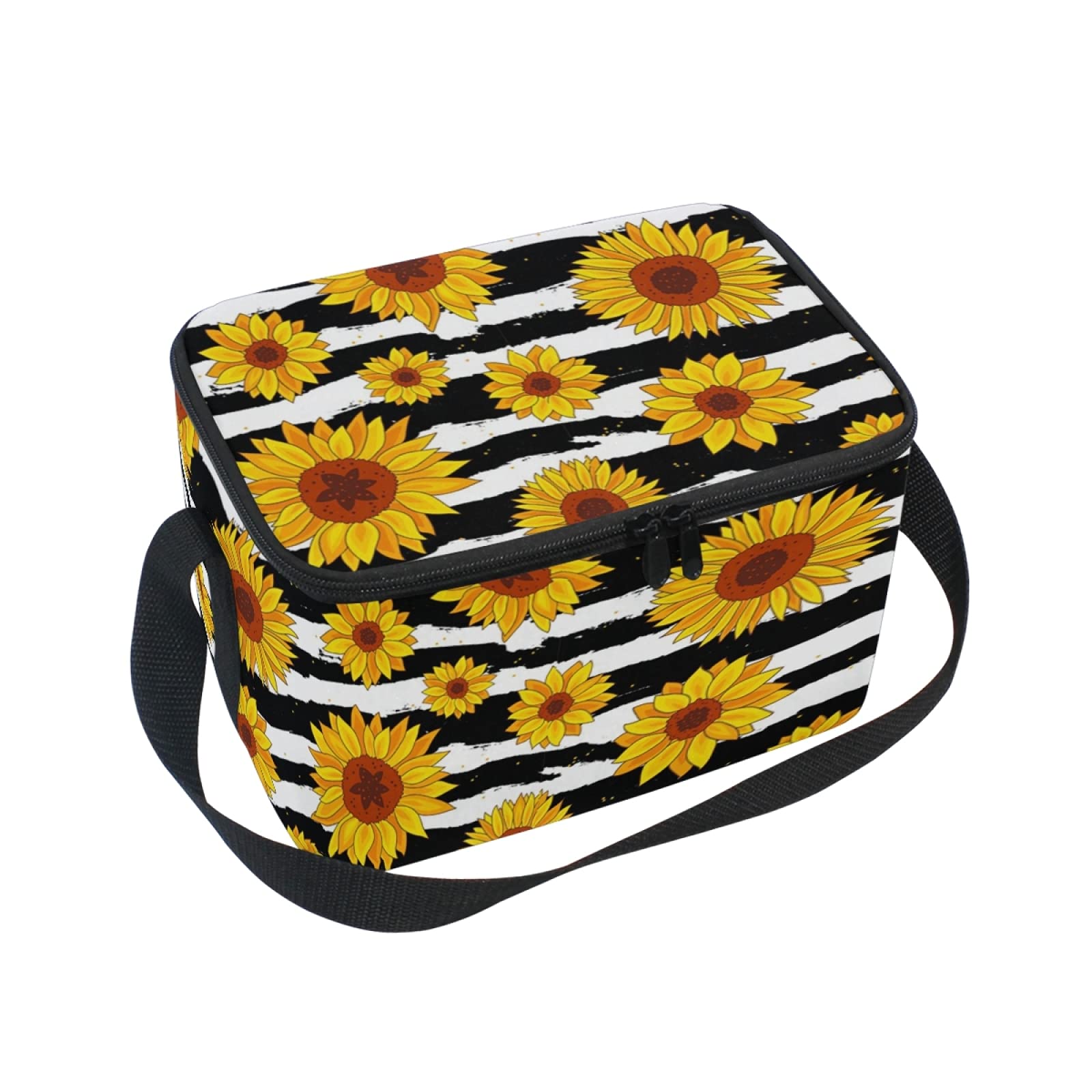Seamless Sunflowers on Black & White Stripes Insulated Lunch Bag - Leak-Proof Cooler Lunchbox, Reusable Tote with Shoulder Strap for Travel, Work & School | Perfect for Picnics, Office Meals & Campus Dining