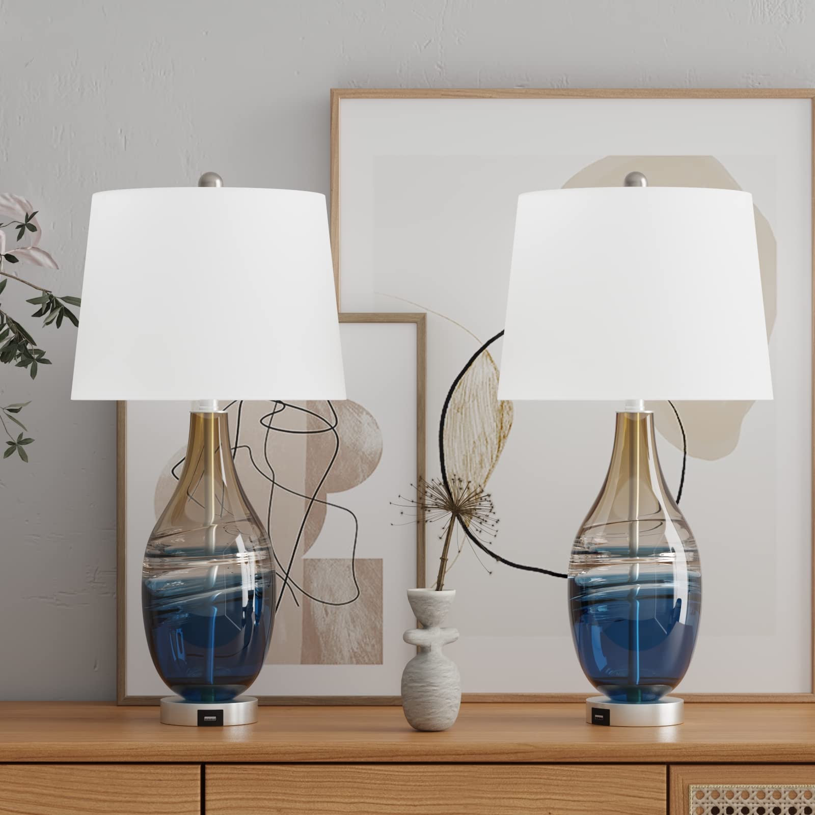 Modern Glass Table Lamps Set of 2 with USB Charging Port - 3-Way Dimmable Nightstand Lights for Bedroom & Living Room - ETL Certified Bedside Lamps with White Shade in Blue & Gold Finish - Perfect for Reading, Relaxing and Charging Devices
