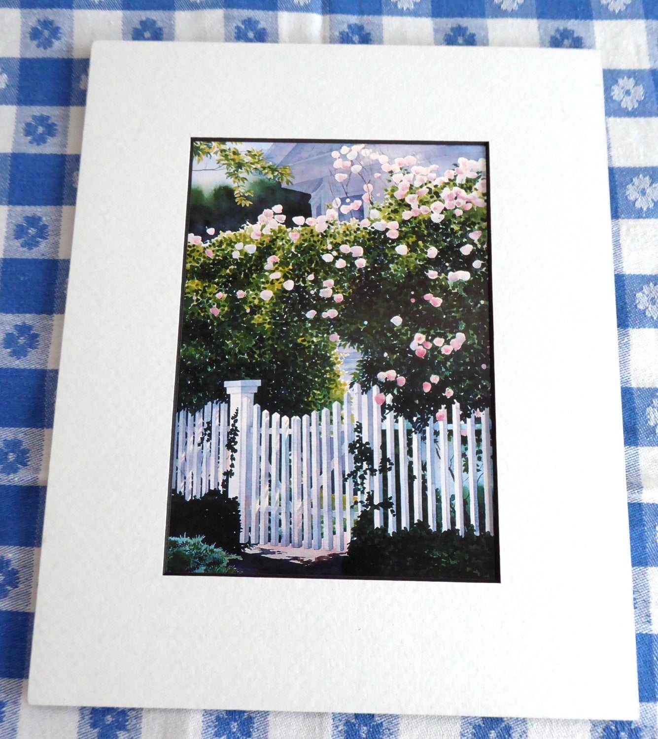 Barbara Fox Rose Arbor Watercolor Print - Victorian Garden Picket Fence Wall Art (1992 Matted Edition) | Perfect for Home Decor, Living Room, Bedroom & Office