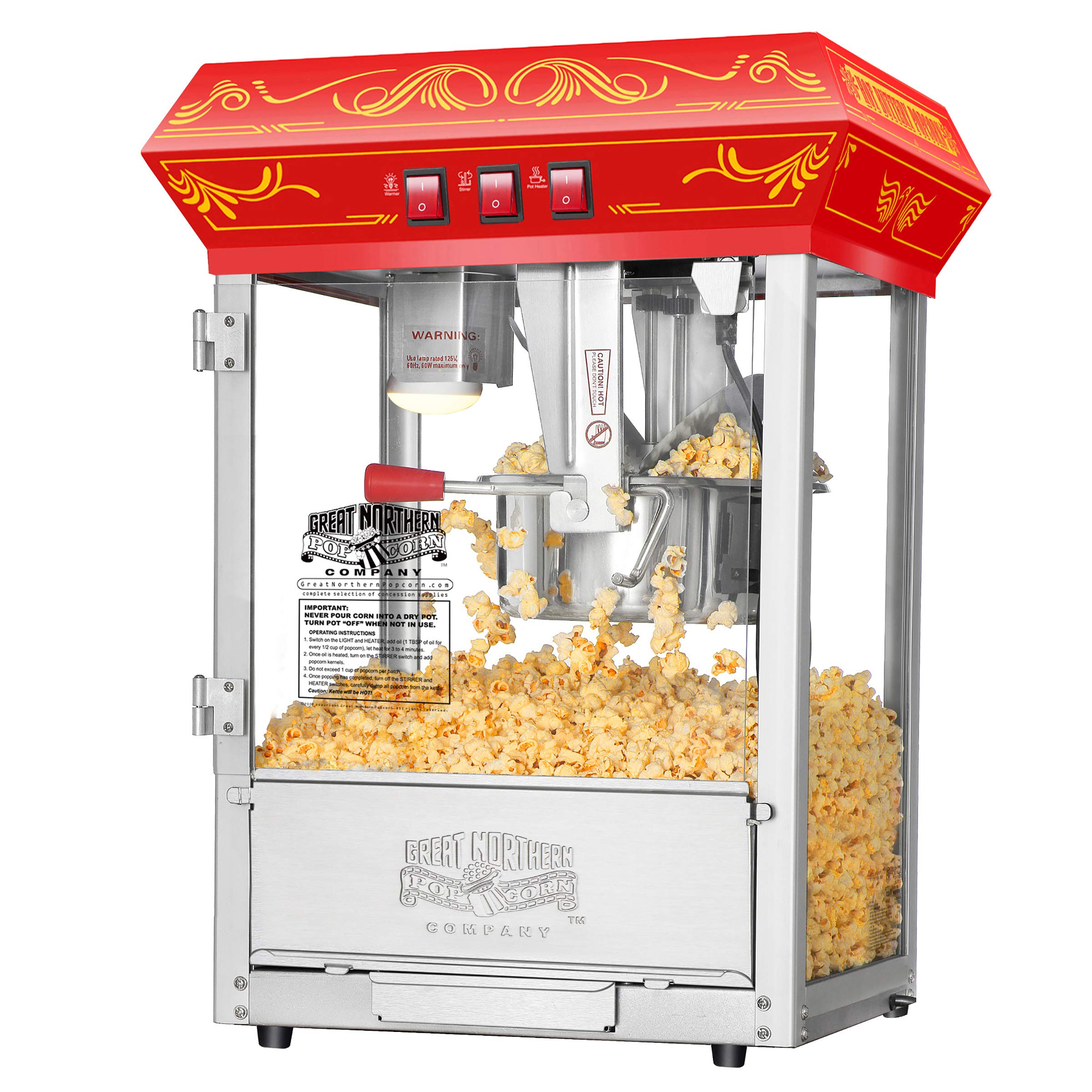 Great Northern Popcorn 3-Gallon Commercial Popcorn Machine with Steel Kettle, Warming Tray & Scoop - Red Home Theater Style Popcorn Popper for Movie Nights, Parties & Concession Stands