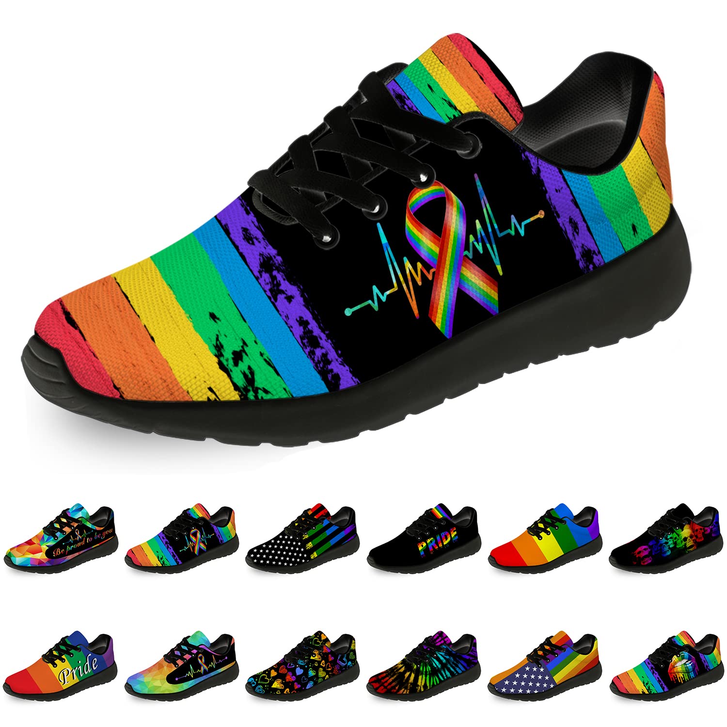 **Men's & Women's Pride Running Shoes - Lightweight Walking & Tennis Sneakers with Rainbow Ribbon & LGBT Heart Design - Perfect Gifts for LGBTQ+ Community - Size 9.5 Men/11 Women (Black) - Ideal for Pride Parades, Workouts & Casual Wear**