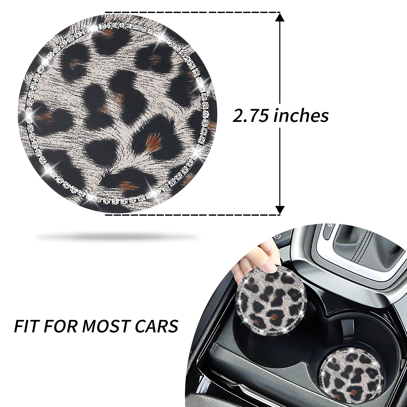 Universal Car Cup Holder Coasters - Bling Diamond Leopard Design, 4-Pack Silicone Drink Coasters for Women's Vehicle Accessories | Perfect for Coffee, Soda & Water Bottles in Cars (White Leopard)