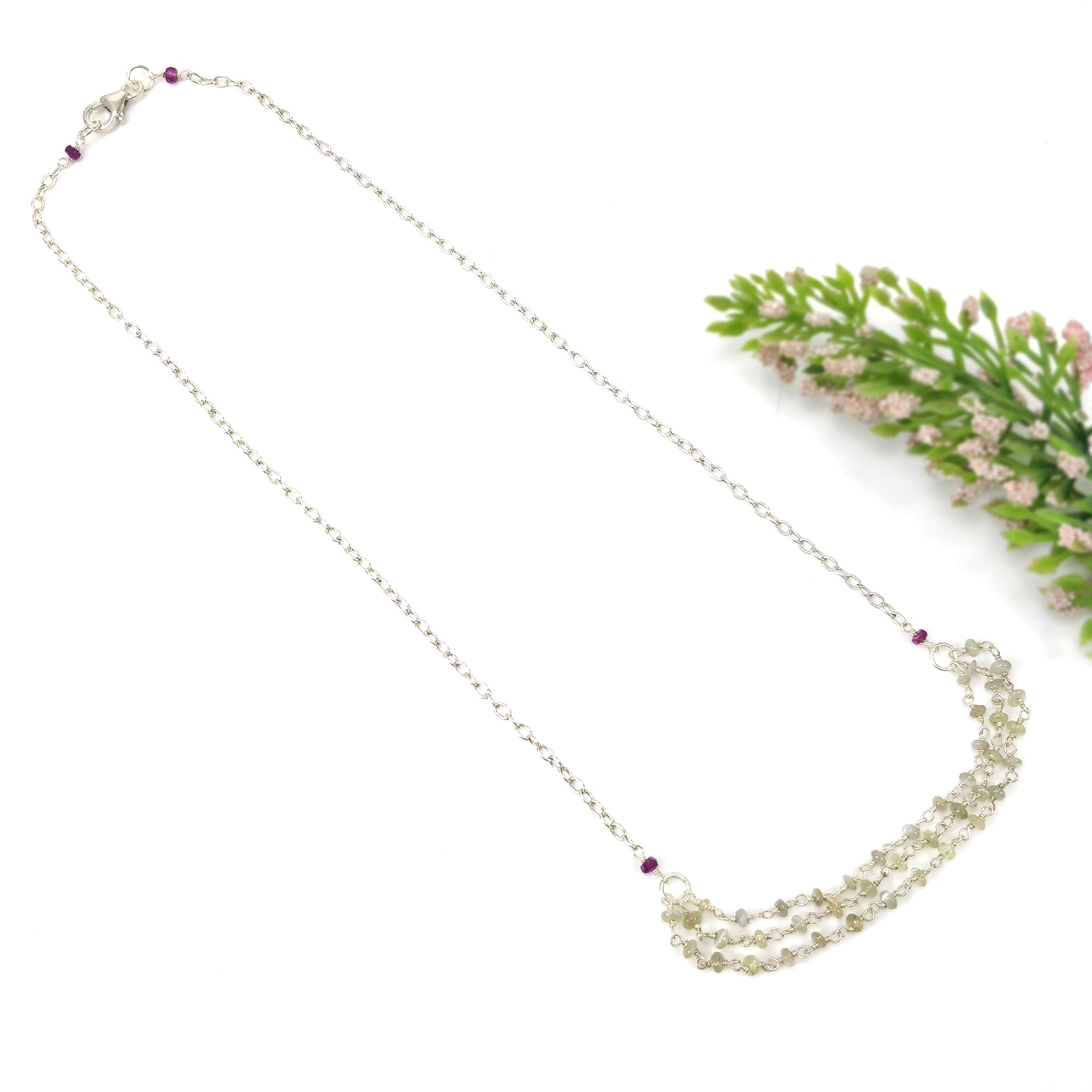 Natural Chrysoberyl Cat's Eye & Ruby Beaded Necklace - 27.65cts Untreated Gemstones with 925 Sterling Silver (3mm-3.5mm, 19