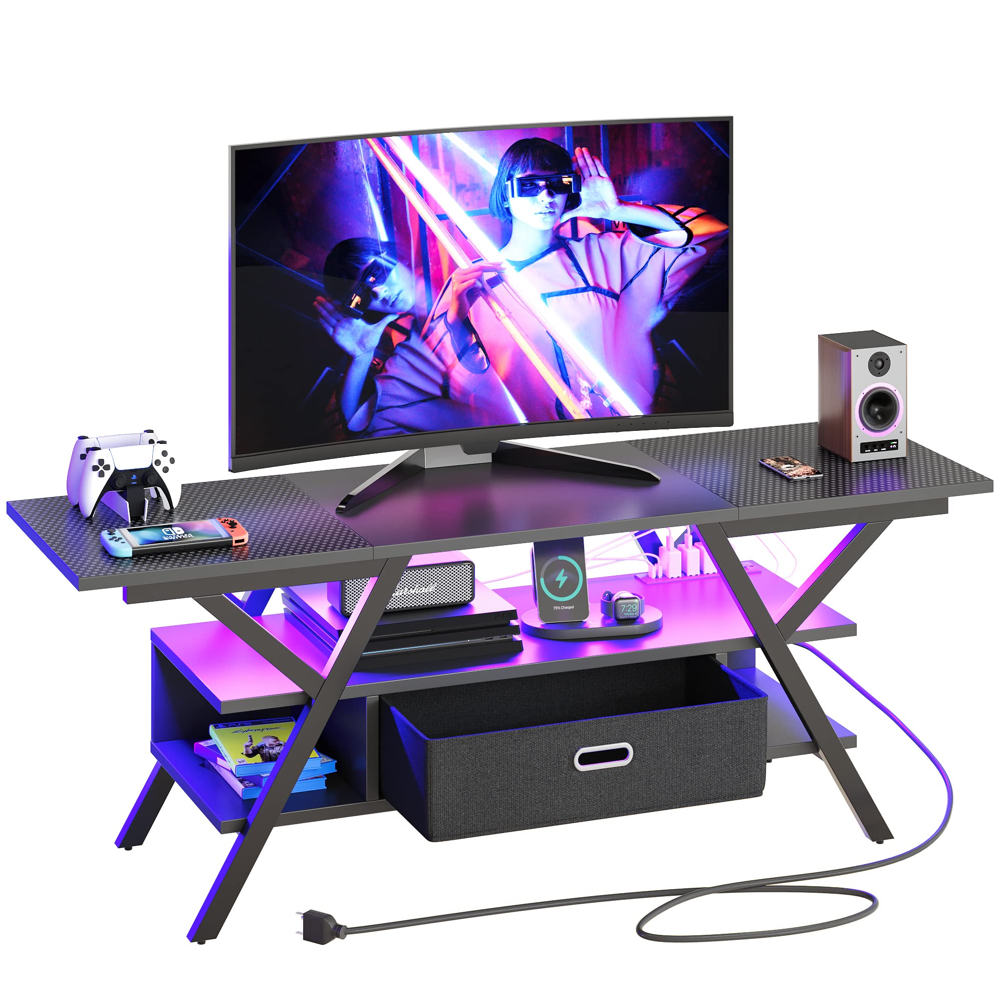 Bestier 55 Inch LED TV Stand with Power Outlets - Modern Entertainment Center for 50/55/60/65 Inch TVs - Carbon Fiber Black Gaming TV Console with Removable Drawer for PS5, Xbox - Perfect for Living Room & Bedroom Setup