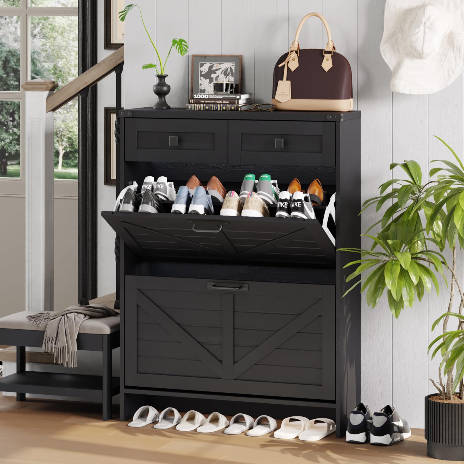 Farmhouse Style Shoe Storage Cabinet with 2 Flip Drawers & 2 Regular Drawers - Freestanding Entryway Organizer with Legs, Black - Perfect for Small Spaces, Hallway, Mudroom & Apartment Entry Organization