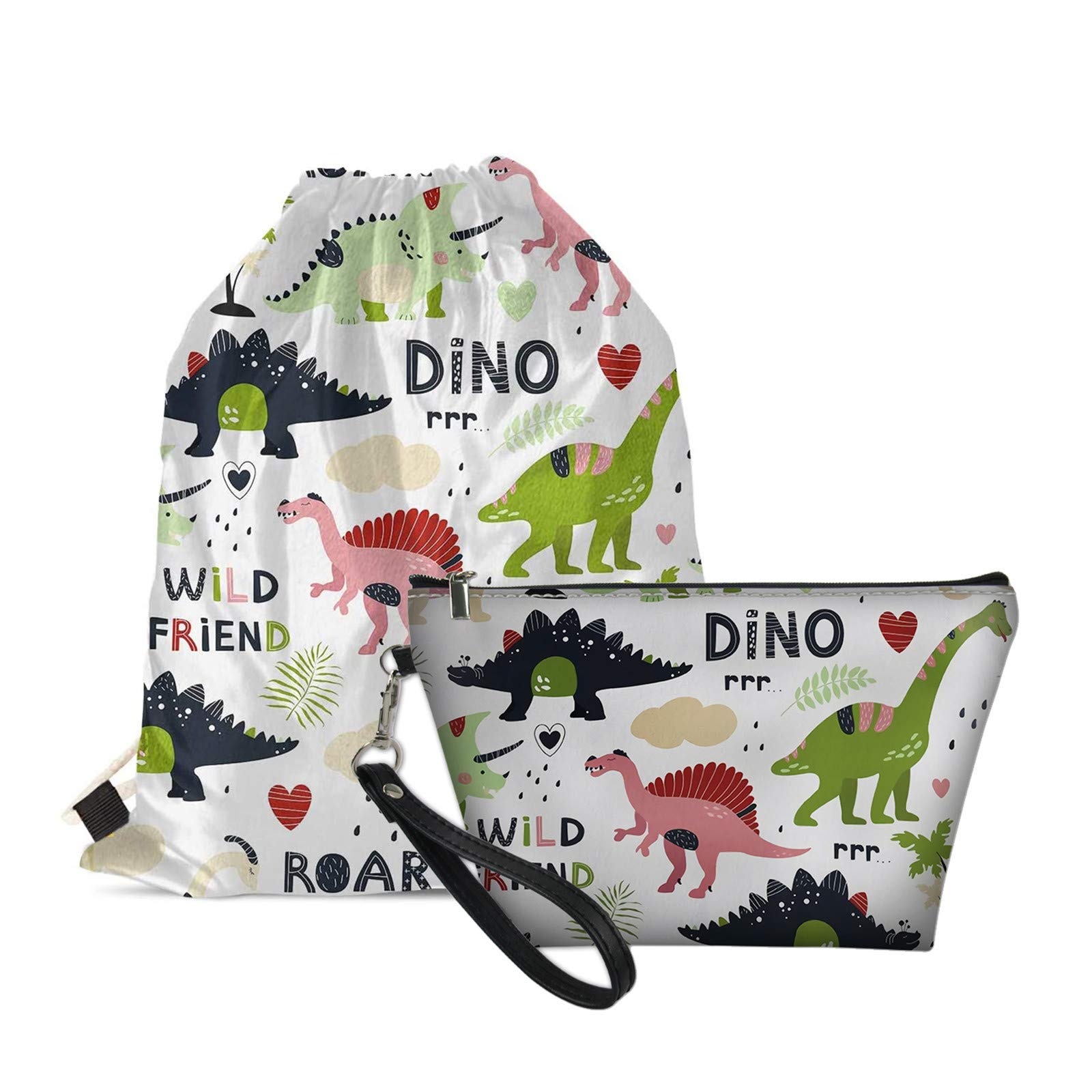 SEANEXT Dinosaur Drawstring Backpack & Cosmetic Bag Set - Cute Cartoon Gym Sackpack & Makeup Pouch for Women - Perfect for School, Travel, Gym & Daily Use