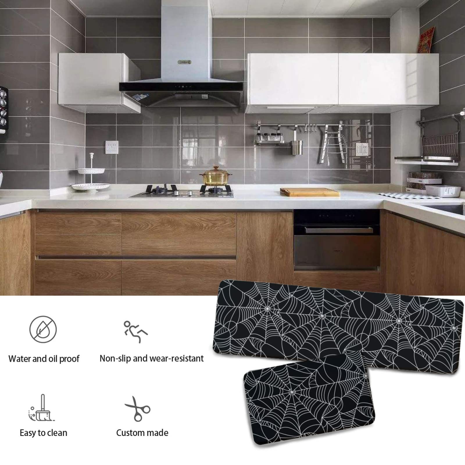 Halloween Spider Web Kitchen Rug Set - 2 PCS Non-Slip Washable Flannel Floor Mats with Black & White Spider Pattern for Kitchen, Bathroom, Laundry - Perfect for Halloween Decor & Home Safety