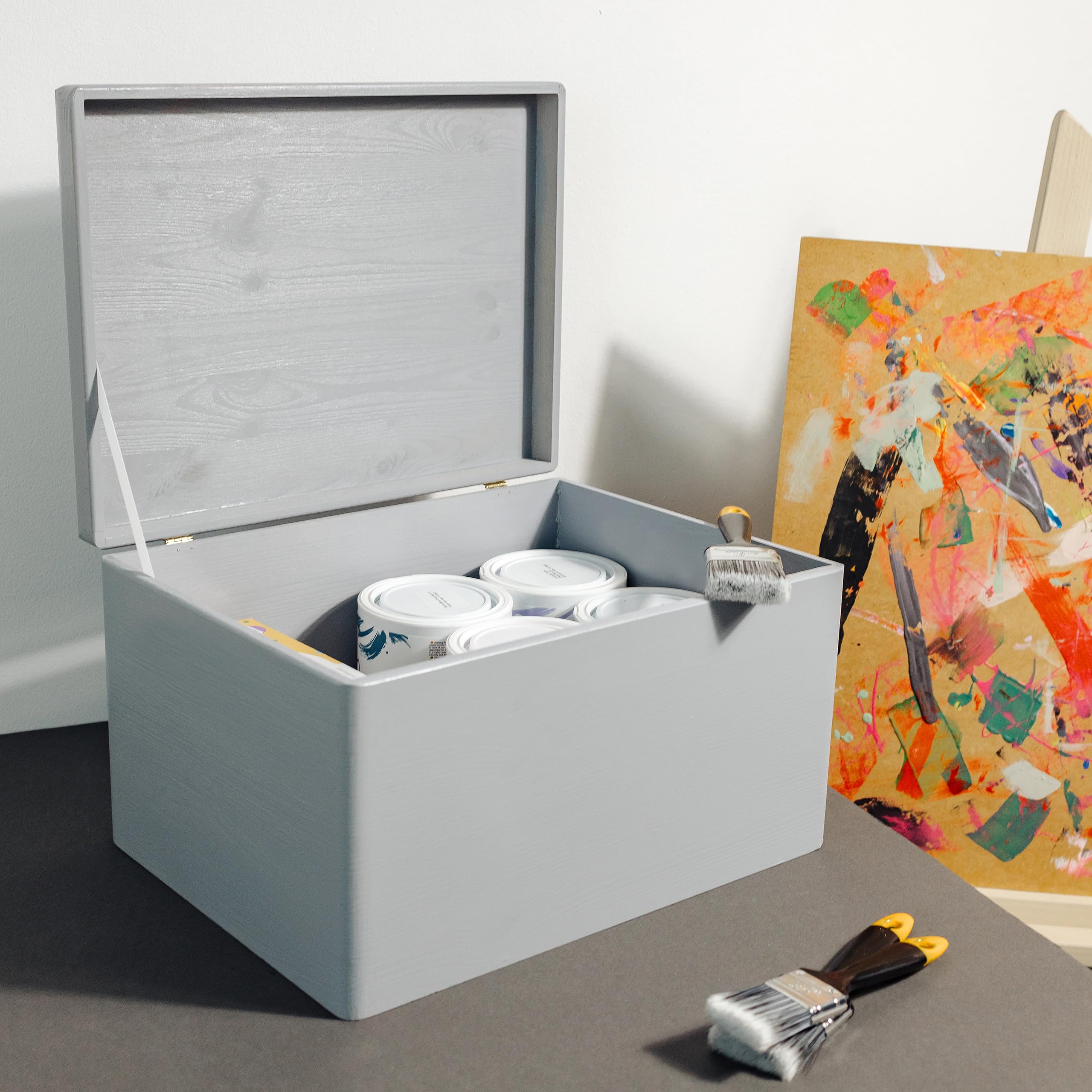 Large Grey Wooden Storage Box with Hinged Lid - 15.8 x 11.8 x 9.44 Inches | Multi-Purpose Keepsake Chest for Tools, Dog Toys, Shoes, Clothes & Kitchen Storage | Perfect for Home Organization, Gift Wrapping & Document Storage