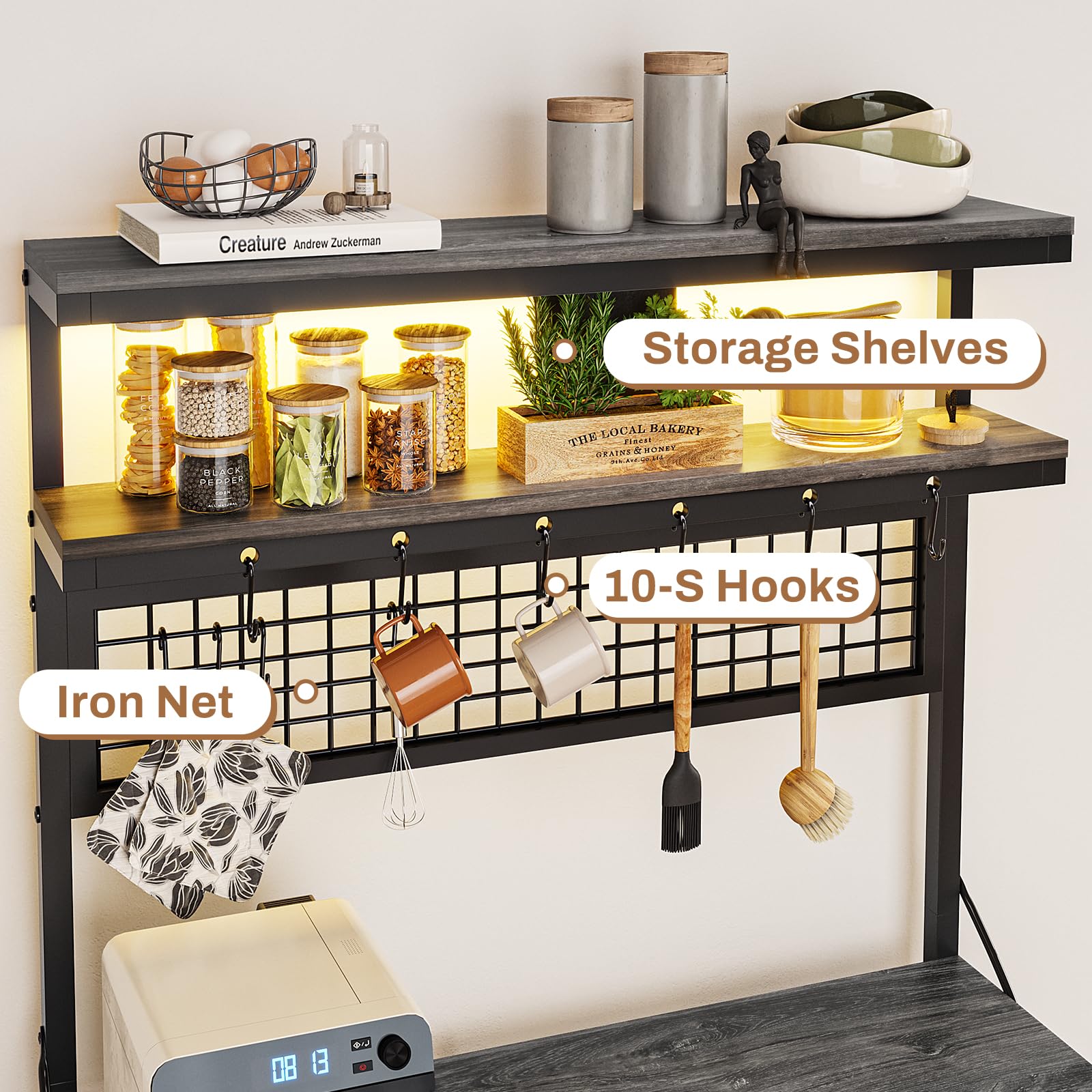 **Itaar 6-Tier Bakers Rack with Power Outlet, Coffee Bar & Microwave Stand – Includes Wine Rack, LED Lights & 10 Hooks – Kitchen Storage Organizer for Small Spaces, Black – Perfect for Coffee Stations, Pantry Organization & Home Decor**
