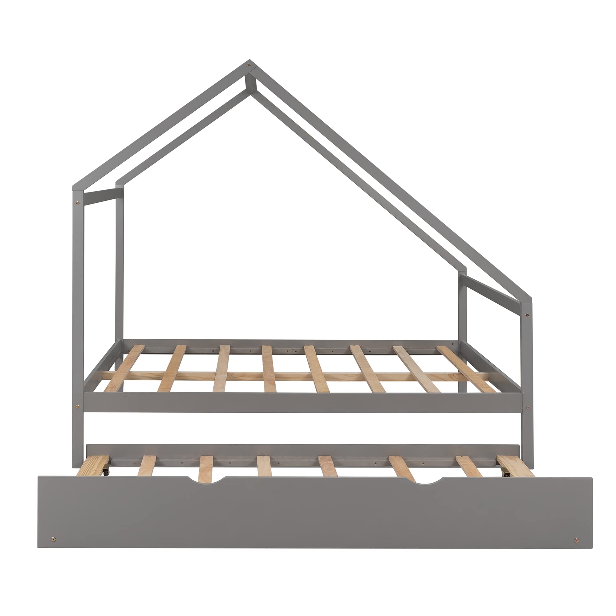 **Full Size Wooden House Bed with Twin Trundle - Solid Wood Platform Bed Frame with Roof for Kids, Teens & Toddlers - Gray - Perfect for Nursery, Playroom & Kids' Bedroom Decor**