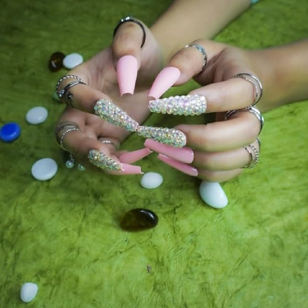 FLAP BEAUTY® Press on Nails - 24pcs Self Adhesive Fake Nails with Bling Sequins, Full Cover False Nails for Women & Girls (Peach) - Perfect for Parties, Weddings, Date Nights & Special Occasions