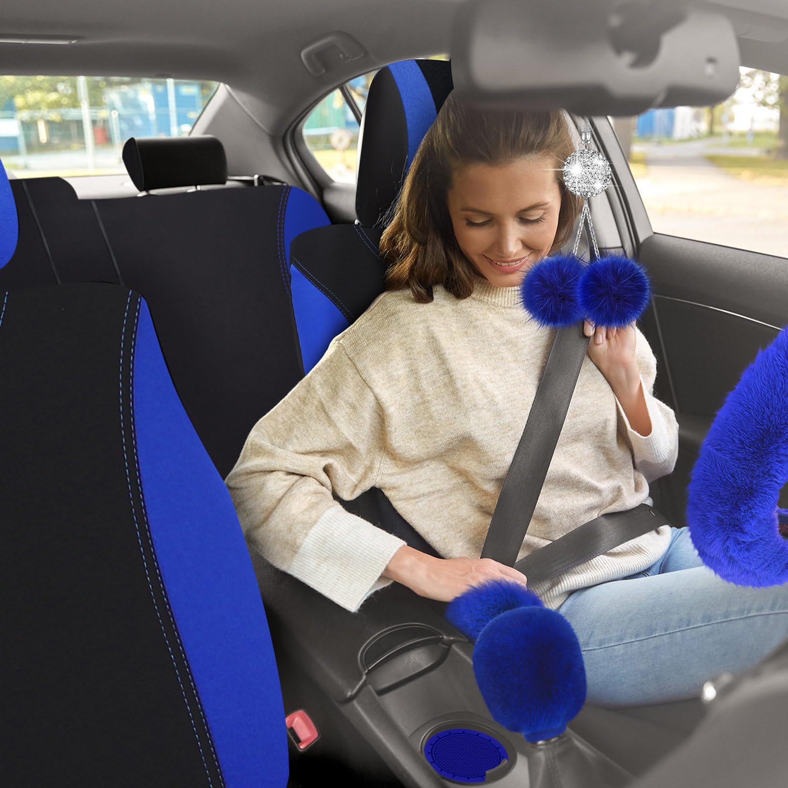 **Woanger 47-Piece Full Set Car Seat Covers for Women - Fluffy Steering Wheel Cover, Seat Belt Pads, Floor Mats & AC Decor Strips - Universal Fit (Blue) - Perfect for Comfort & Style in Sedans, SUVs & Trucks**