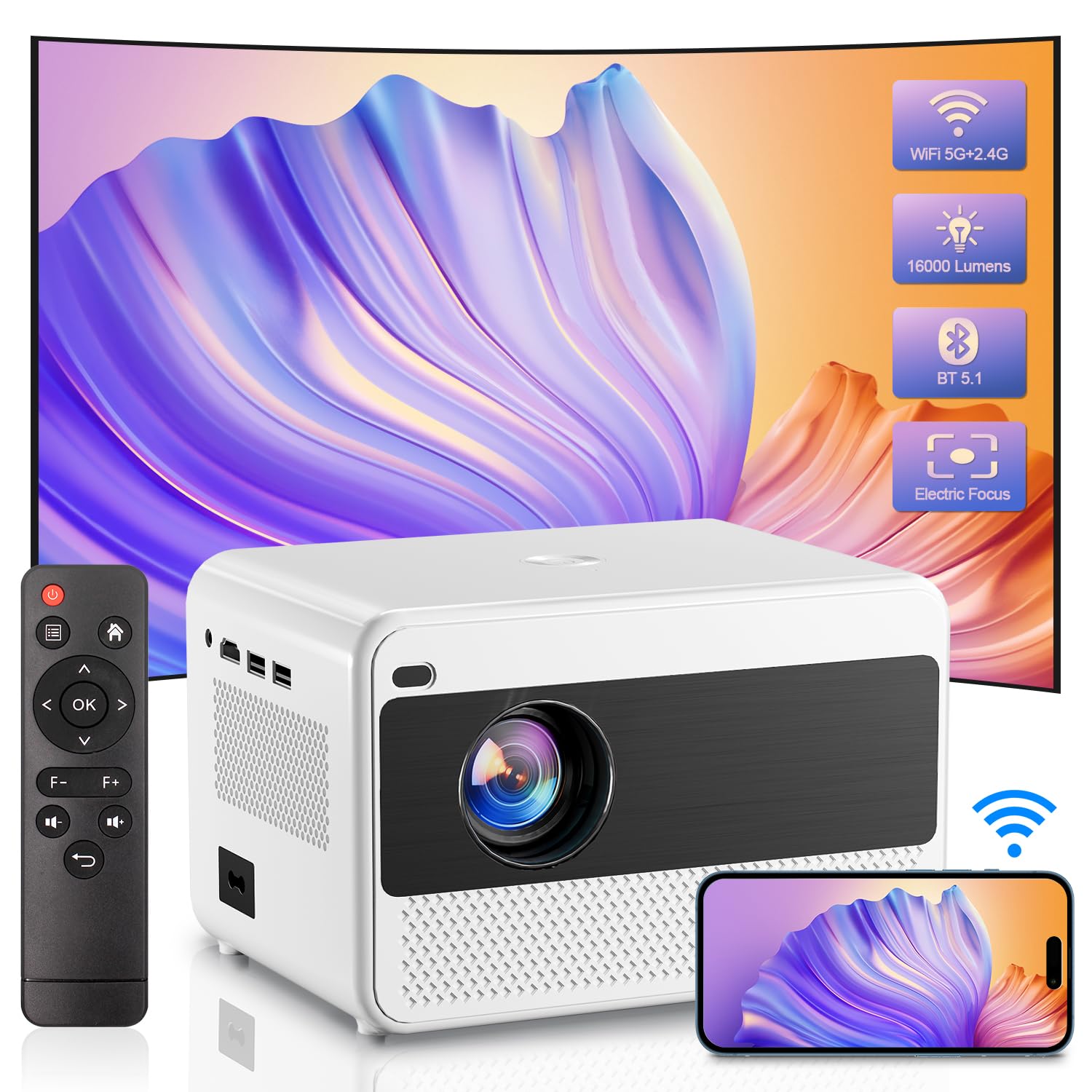 5G WiFi & Bluetooth 1080P Portable Projector - 16000LM Brightness, 50% Zoom, HD Outdoor Movie Projector for Phone, Laptop, TV Stick, DVD, USB, HDMI - Perfect for Home Theater, Camping, and Backyard Movie Nights