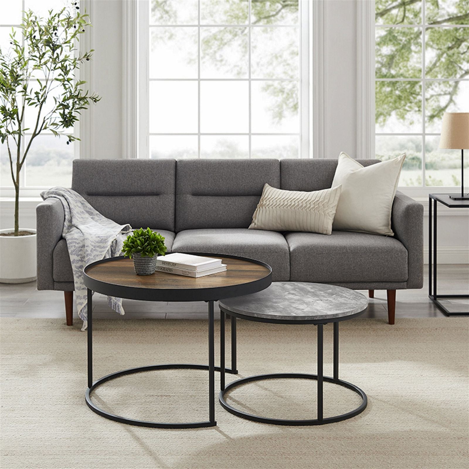 Modern Nested Coffee Table Set - Walnut & Cement Design by Urban Style for Living Room, Lounge, or Office Decor