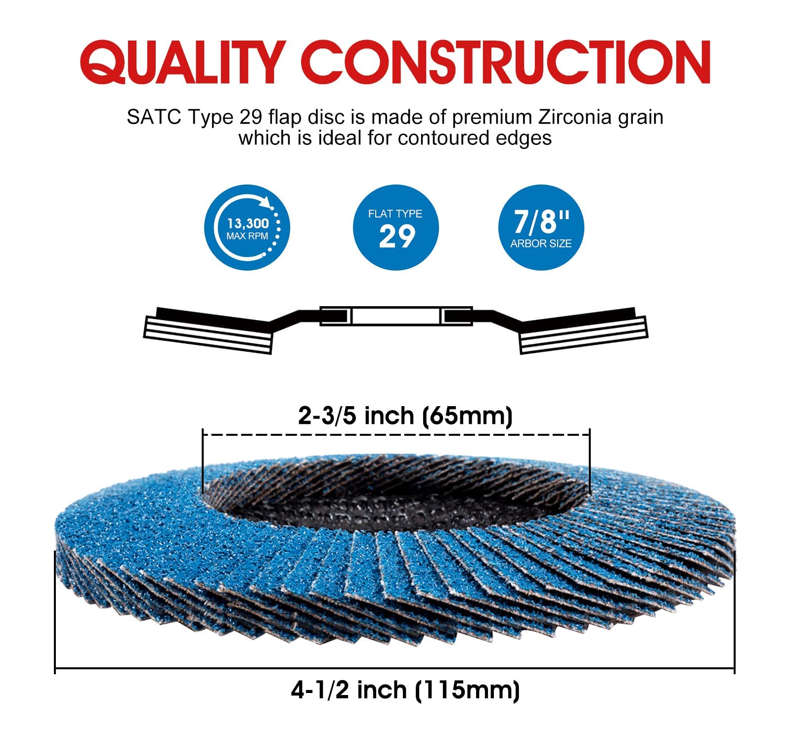 SATC 4.5 Inch 40 Grit Zirconia Flap Discs - Type 29 Angle Grinder Wheels (10 Pack) for Metal Grinding, Welding & Surface Preparation