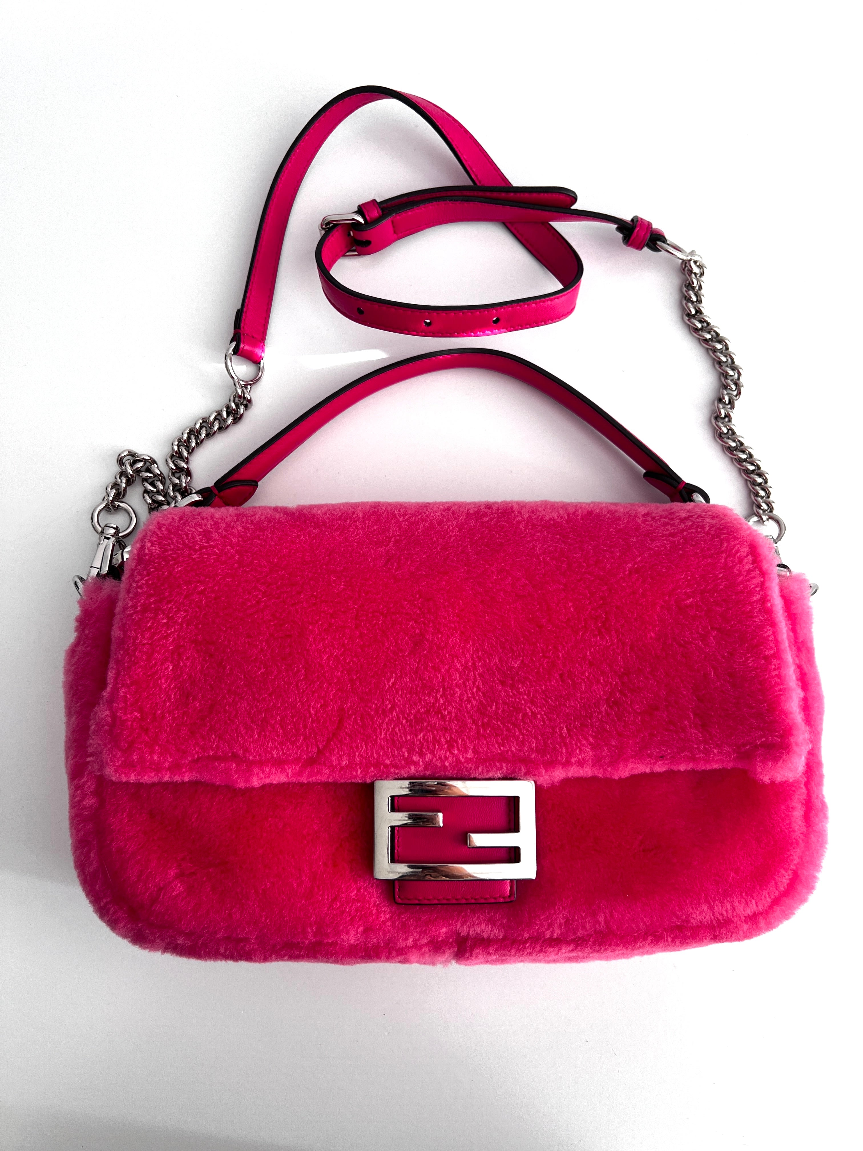 Fendi Raspberry Pink Shearling Baguette Bag - Luxury Designer Shoulder Bag for Women | Perfect for Parties, Date Nights & Everyday Elegance