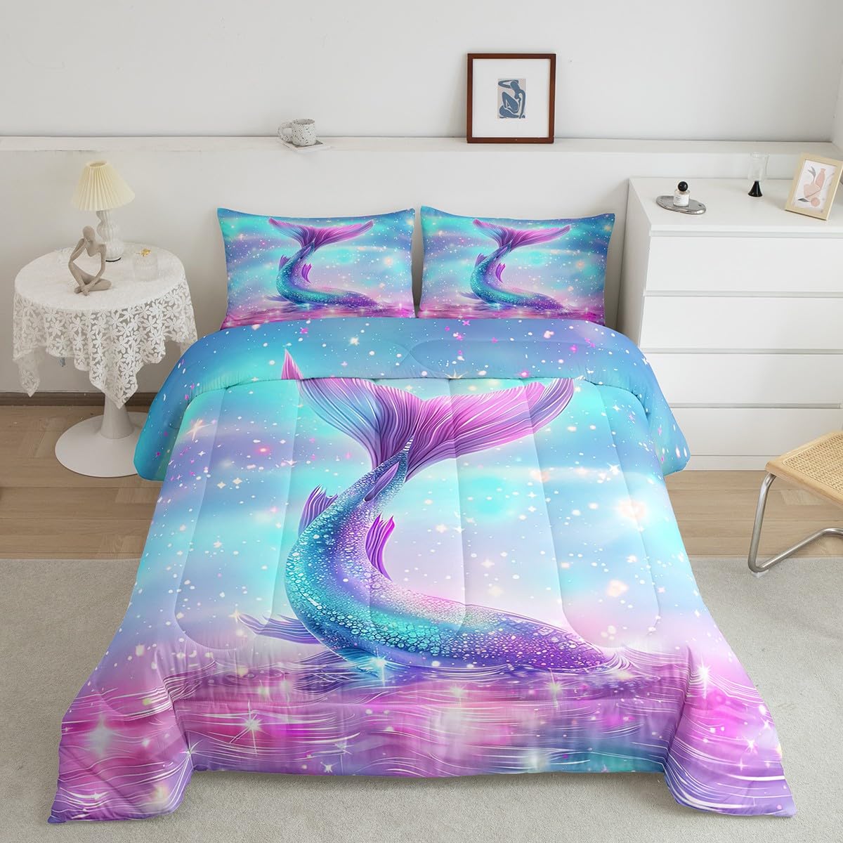 Erosebridal Mermaid Tail Duvet Cover Set - Twin Size Pastel Pink & Teal Ocean Theme Comforter with Glittery Starfish & Seashells for Girls Bedroom Decor | Kids Nautical Sea Animal Bedding | Perfect for Mermaid Themed Rooms, Birthday Gifts & Fantasy Sleepovers