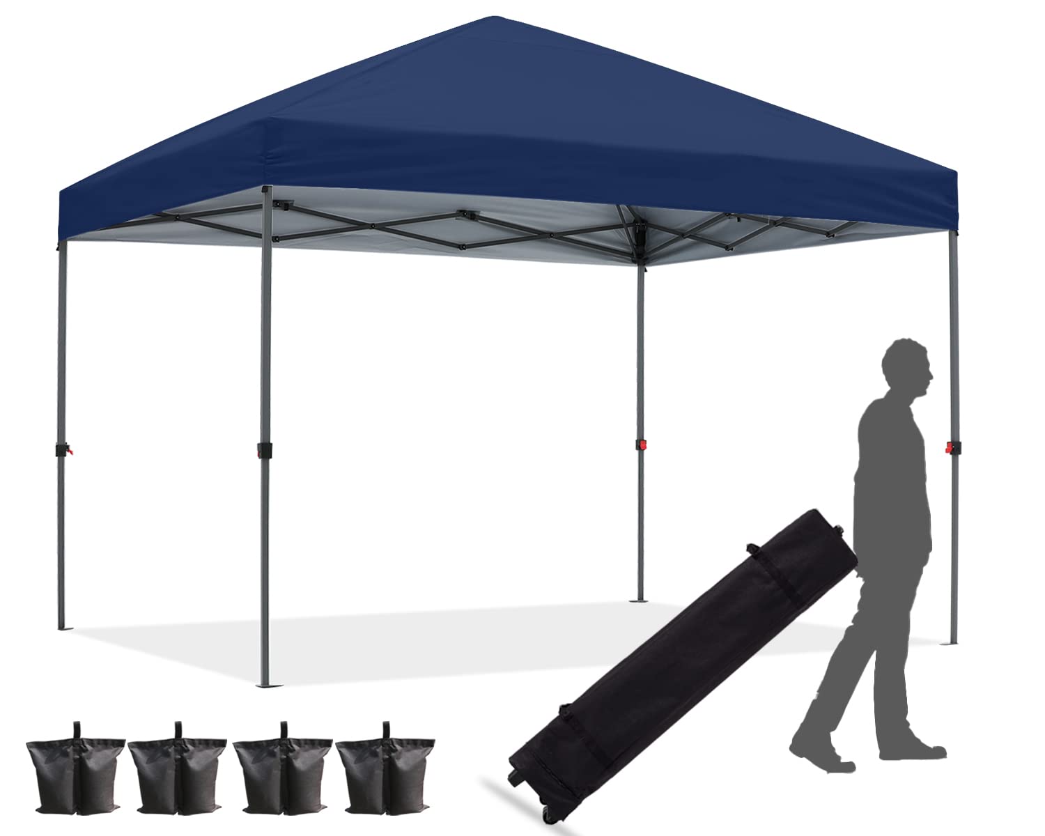 10x10 Pop Up Canopy Tent with Wheeled Carry Bag - Portable Outdoor Shelter for Backyard, Beach, Camping & Events - Includes 4 Ropes, Stakes & Sandbags - Navy Blue