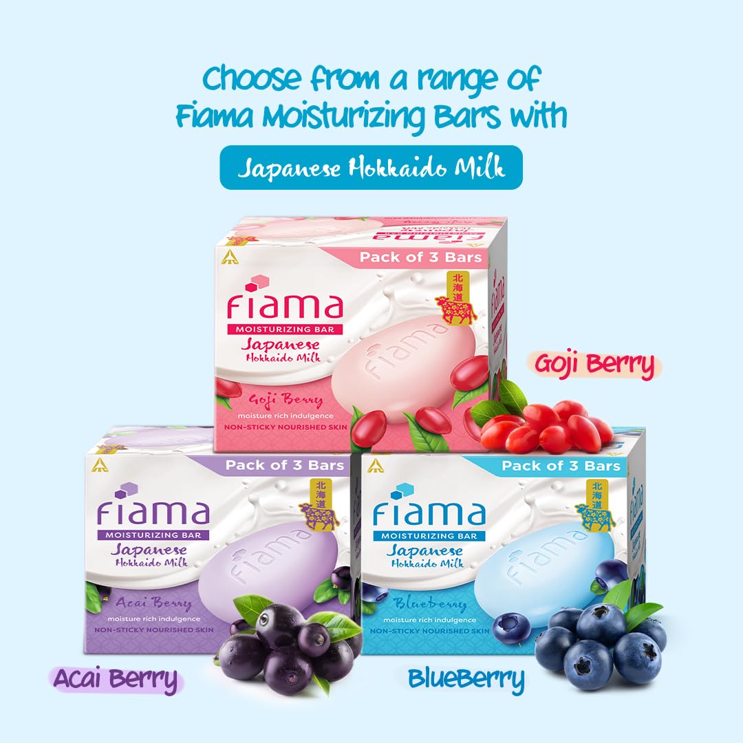 Fiama Moisturizing Soap Bar with Japanese Hokkaido Milk & Blueberry - Pack of 3 | Non-Sticky Moisturizing Soap for Soft Skin | Enriched with Vitamin F & Natural Fragrance | Perfect for Daily Bathing, Spa Days & Gift Giving
