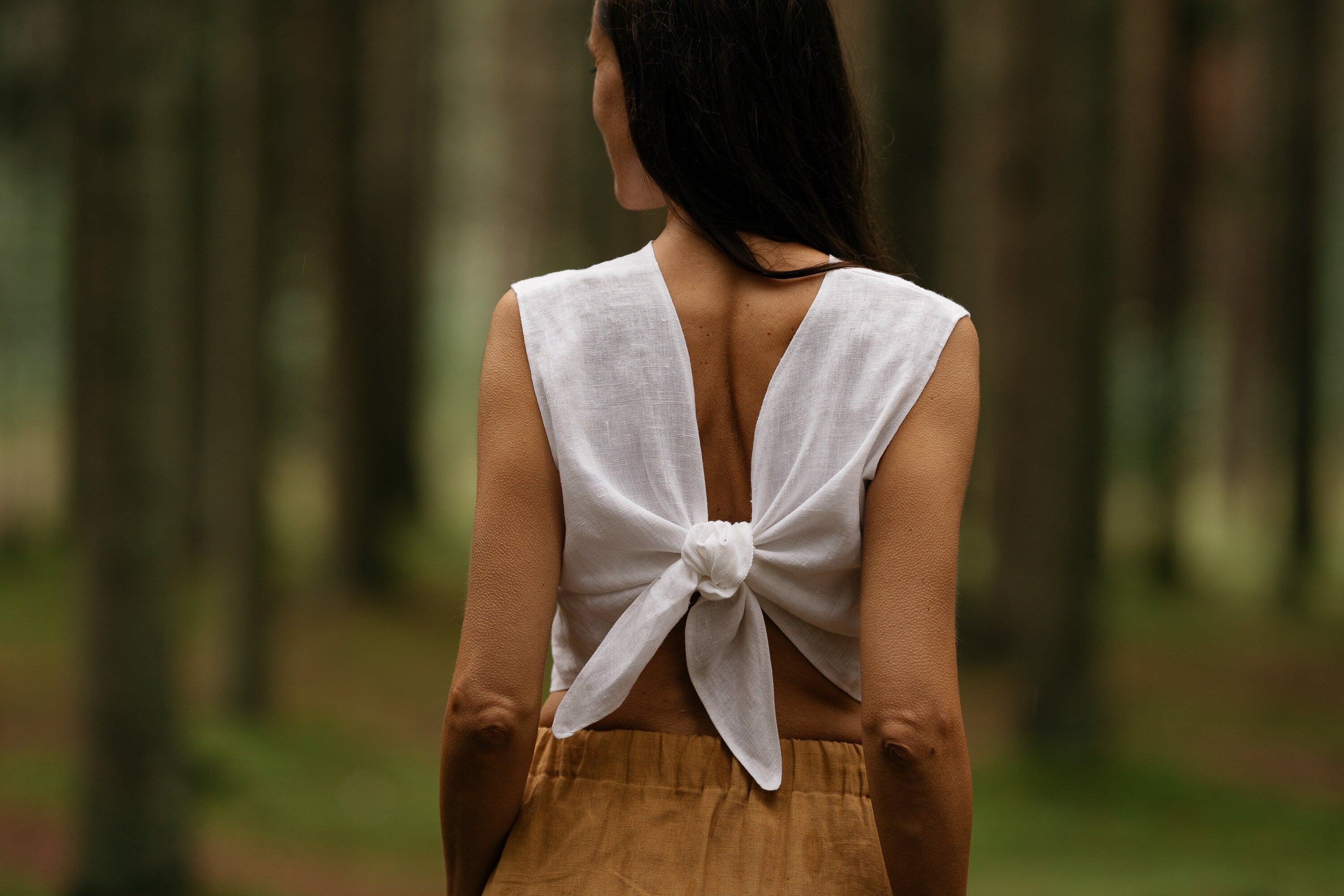 Linen Crop Top with Tie Back - Women's Summer Fashion White Blouse for Casual Outings & Beach Wear