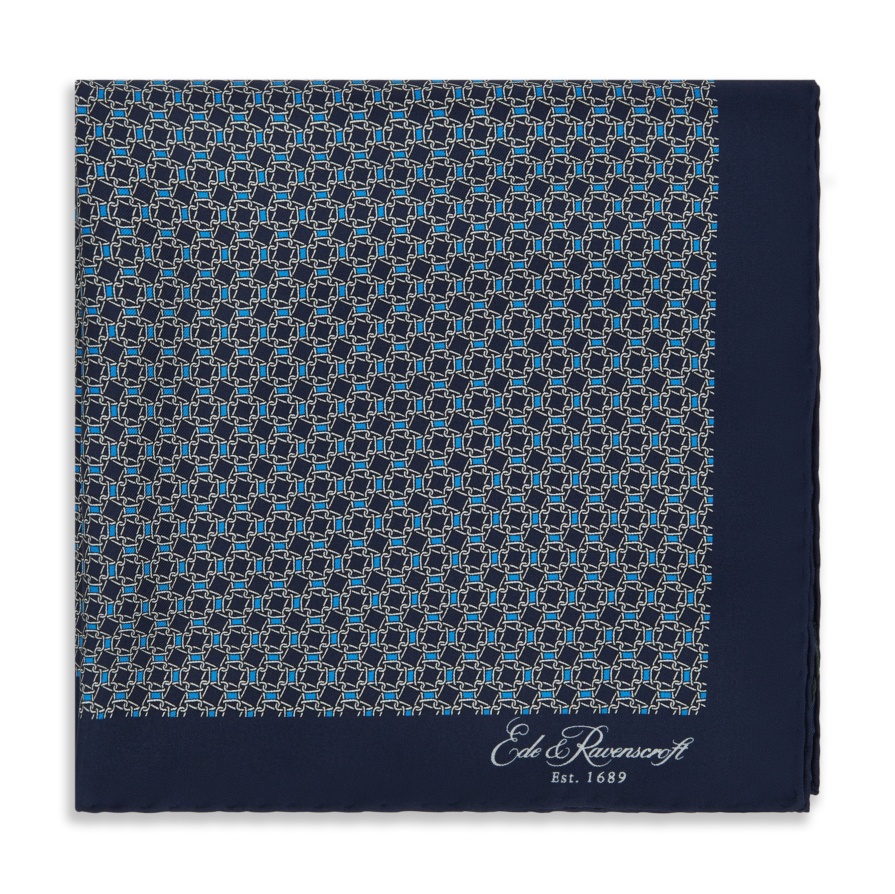 Navy Blue Chain Geometric Printed Silk Pocket Square - Elegant Men's Fashion Accessory for Weddings, Business & Formal Events