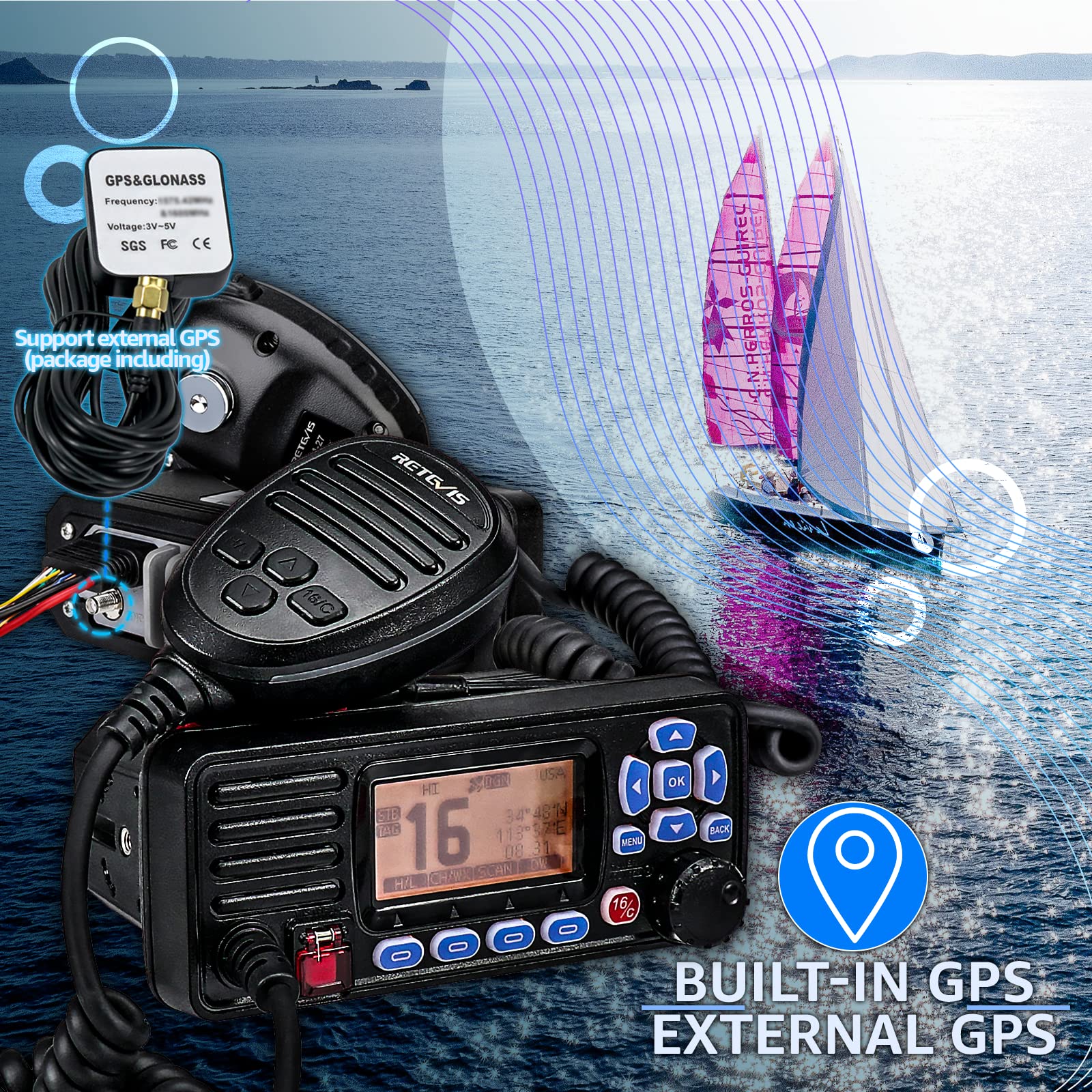 Retevis RA27 Waterproof IP67 Marine Radio with GPS, DSC & NOAA Weather - Fixed Mount VHF Boat Radio with Fiberglass Antenna & 7m Coaxial Cable for Ships & Shore Communication | Ideal for Boating, Fishing & Emergency Situations