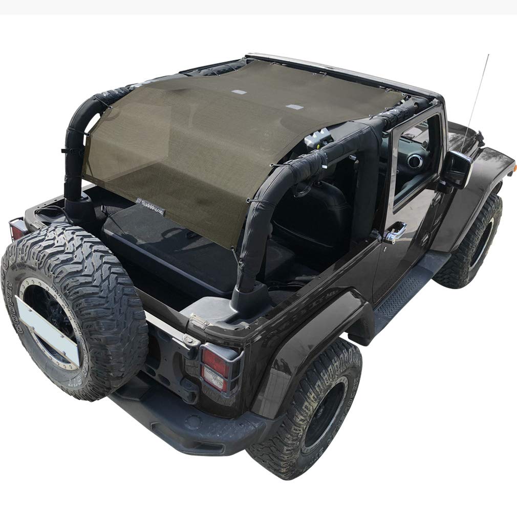 Shadeidea JK Sun Shade Top for Jeep Wrangler JKU (2007-2018) - Soft Mesh Roof Cover, Wind Noise & UV Protection, 10-Year Warranty, 2-Door, Tank Green, Full Length Front/Rear/Back - Perfect for Off-Roading, Beach Trips & Summer Driving