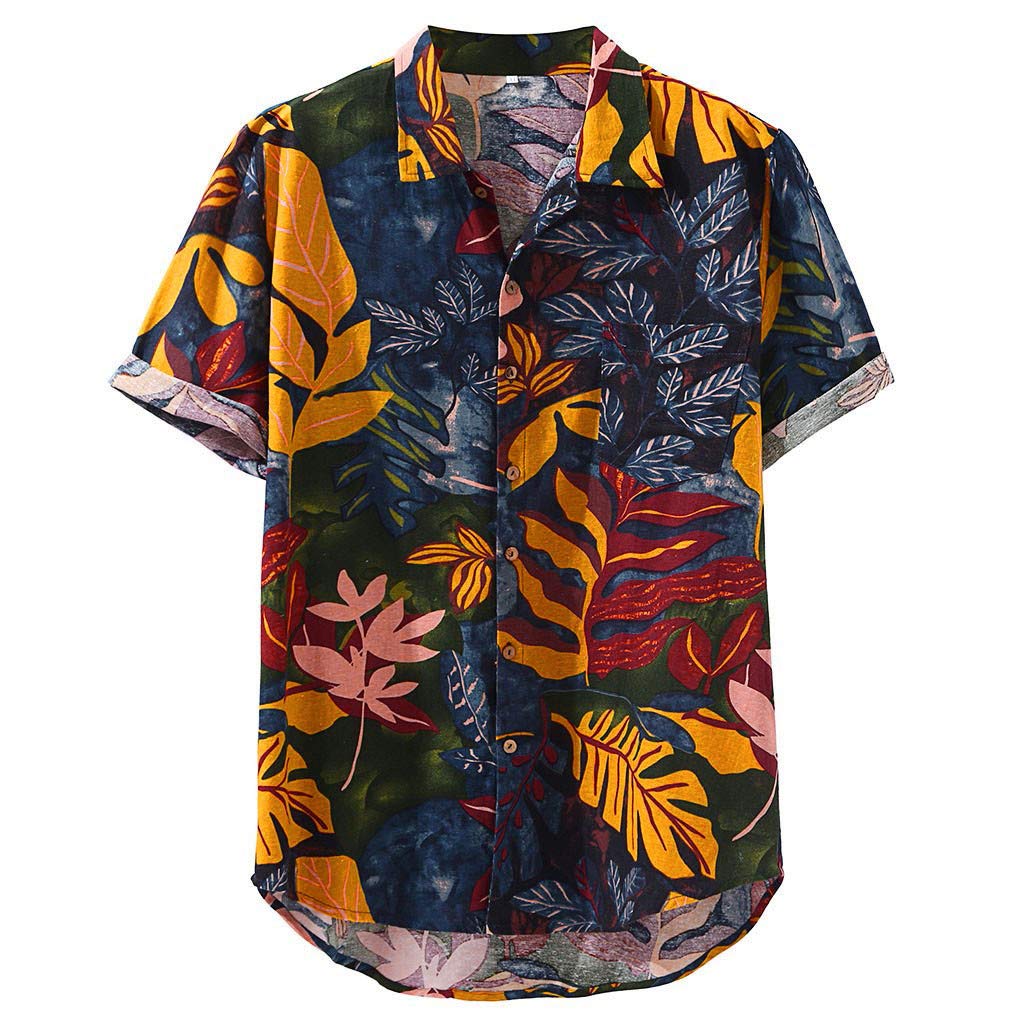 **Men's Hawaiian Shirt Short Sleeve Linen Casual Shirt with Pocket - Tropical Print Loose Fit Dress Shirt & Tie Set for Beach, Summer, and Vacation Wear**