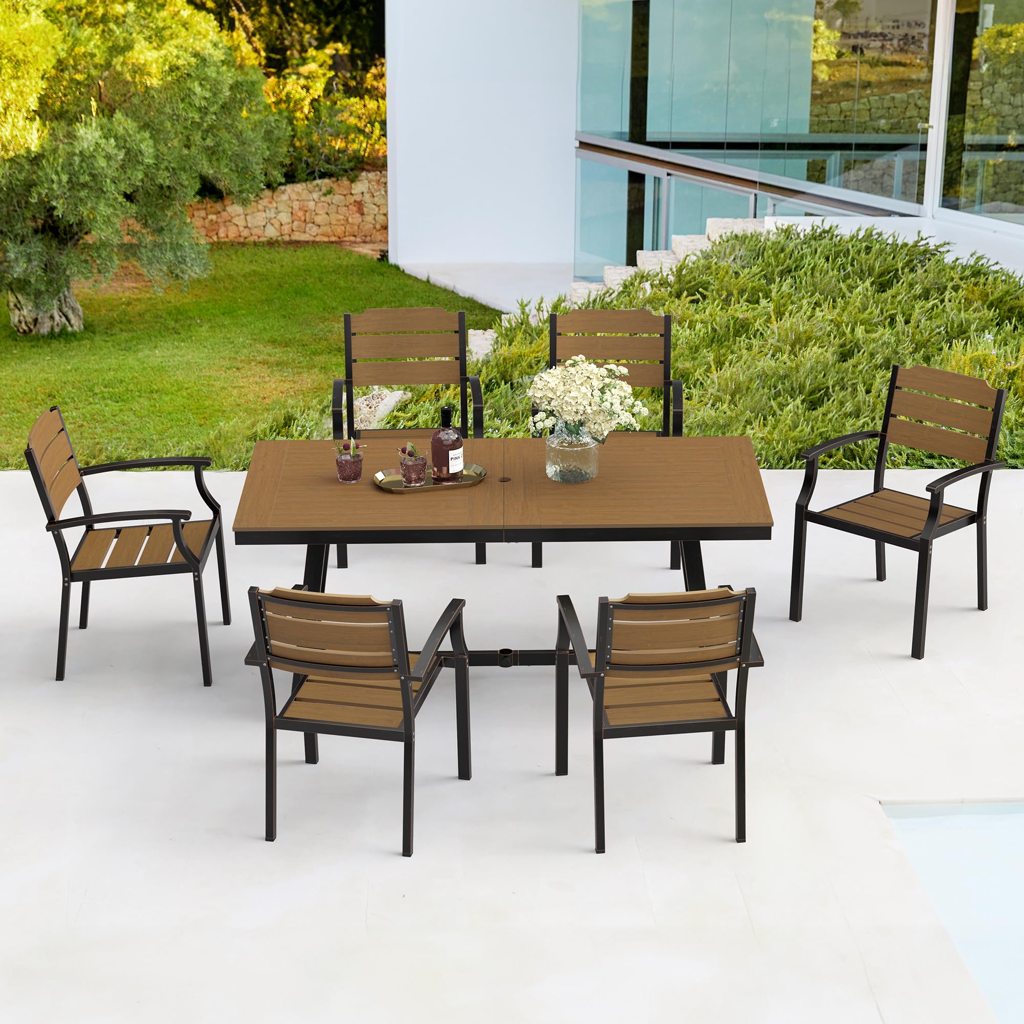 7-Piece Outdoor Patio Dining Set - All-Weather HDPS Table & Chairs with Umbrella Hole - Brown Oil Printed Patio Furniture for Backyard, Garden & Poolside Relaxation