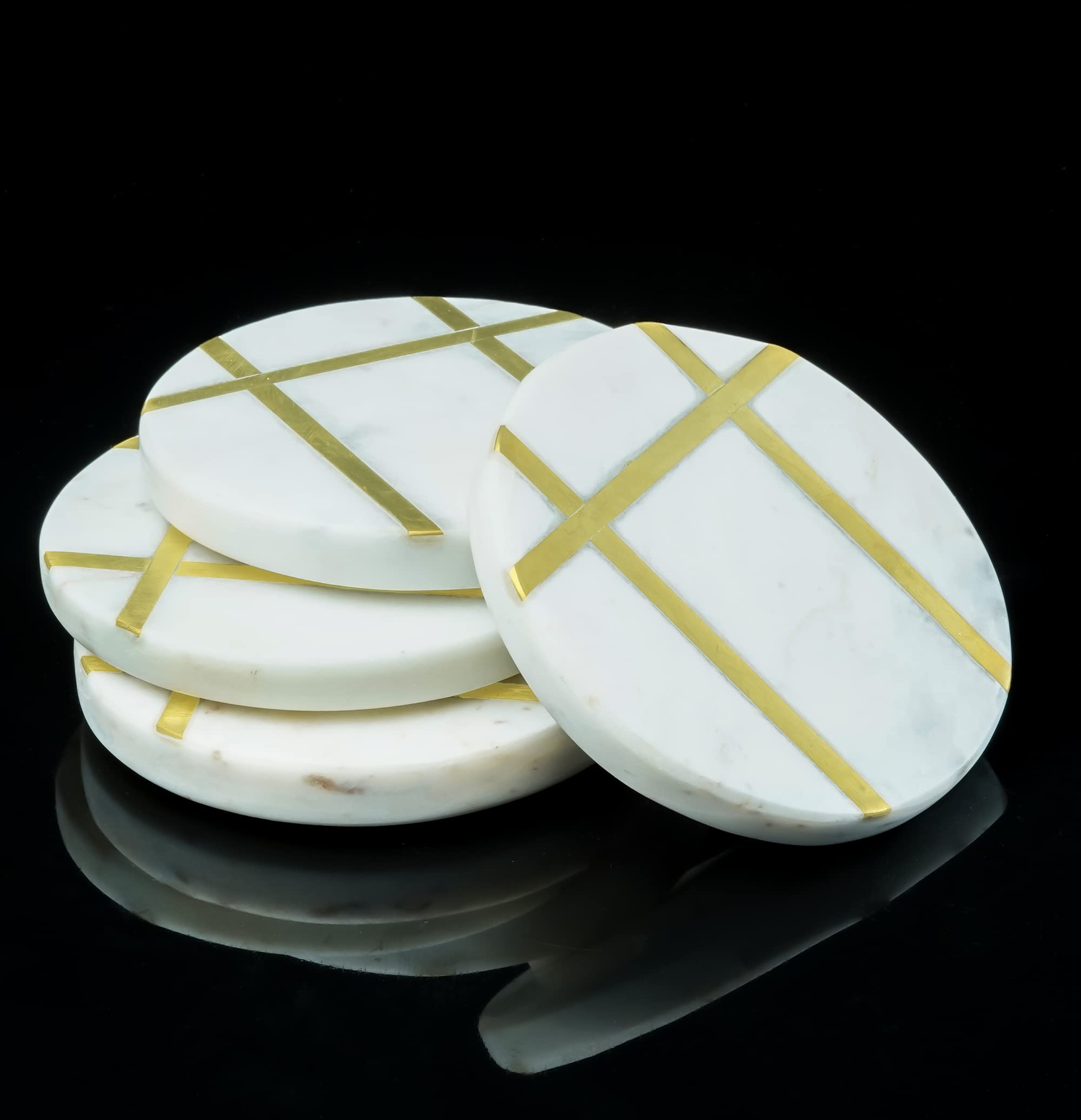 Set of 4 White Marble Coasters with Brass Inlay Lines - Elegant Drink Holders for Coffee, Tea, Cocktails & Parties - Perfect for Home, Office & Kitchen Decor - 4x4 Inch Square Coasters for Mugs & Glasses - Protect Your Tables in Style