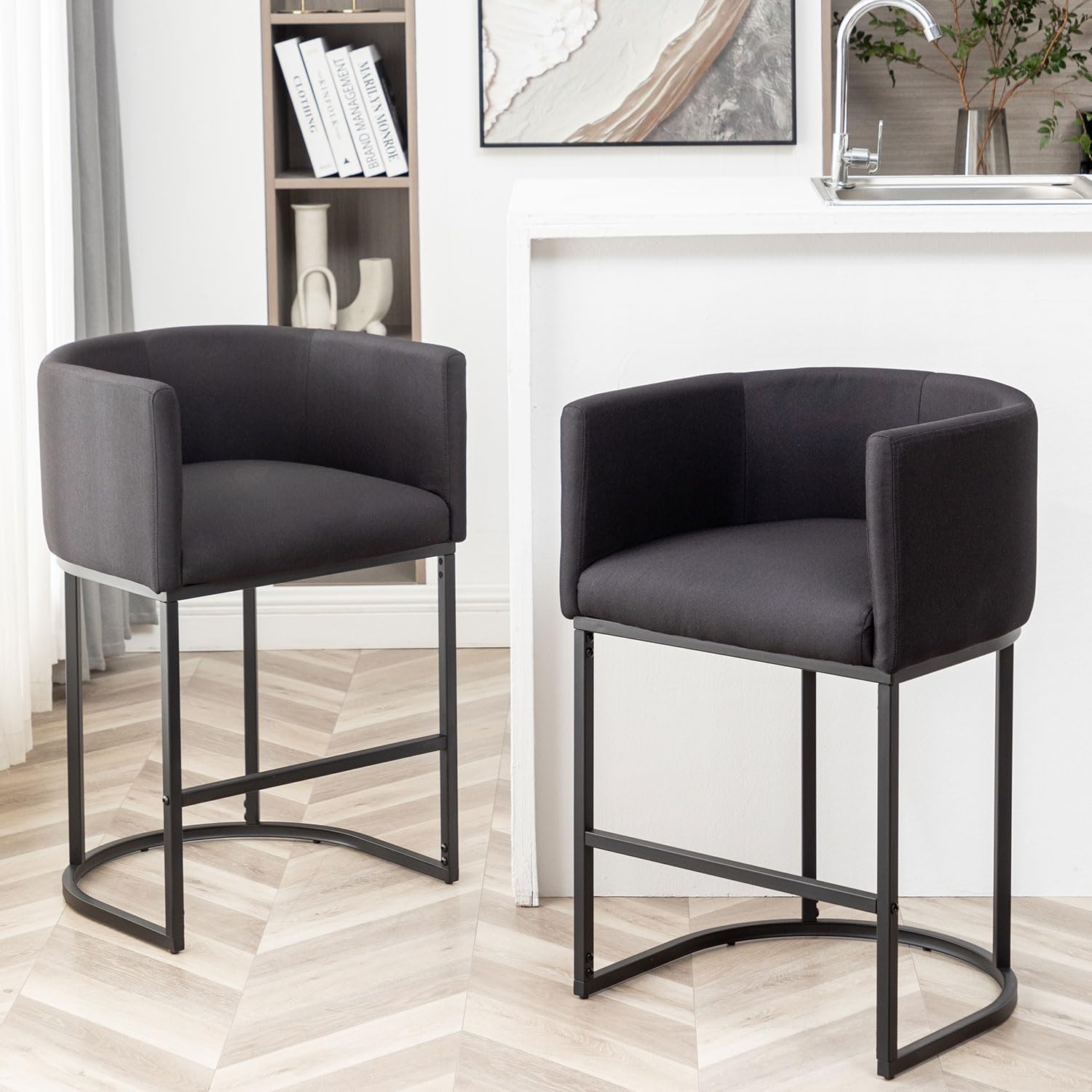 Modern Black Metal Frame Counter Height Bar Stools Set of 2 - Upholstered Barrel Bar Stools with Back for Kitchen Island, Pub, Club - Perfect for Entertaining, Dining & Home Decor (Black)