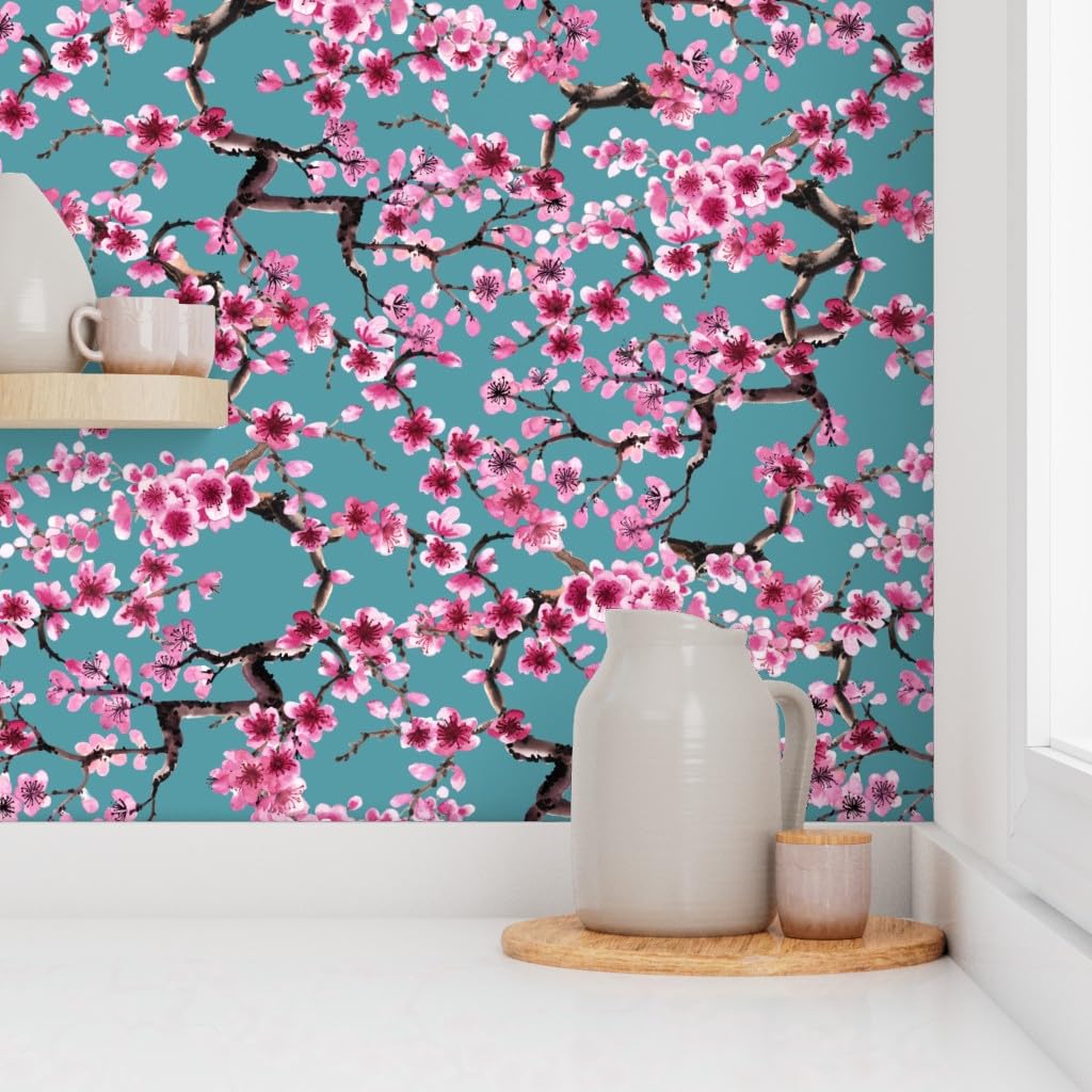 Peel & Stick Removable Wallpaper 12ft x 2ft - Turquoise Pink Floral Japanese Tree Design | Self-Adhesive Wall Decal for Bedroom, Living Room, Nursery & Office Decor