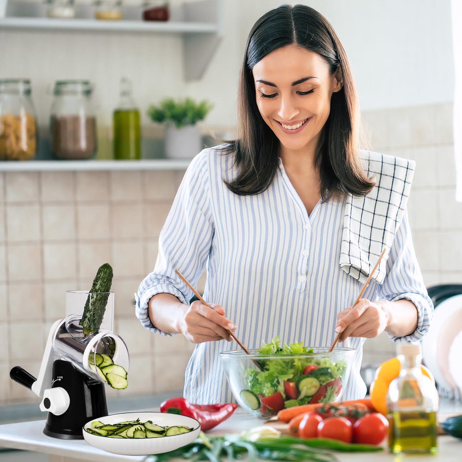 Premium Rotary Cheese Grater for Kitchen - 3 Interchangeable Blades Shredder with Ergonomic Handle & Strong Suction Base - Perfect for Cheese, Vegetables, Fruits, Nuts - Easy to Use & Clean - Ideal for Pizza Topping, Salad Prep & Baking (Black)