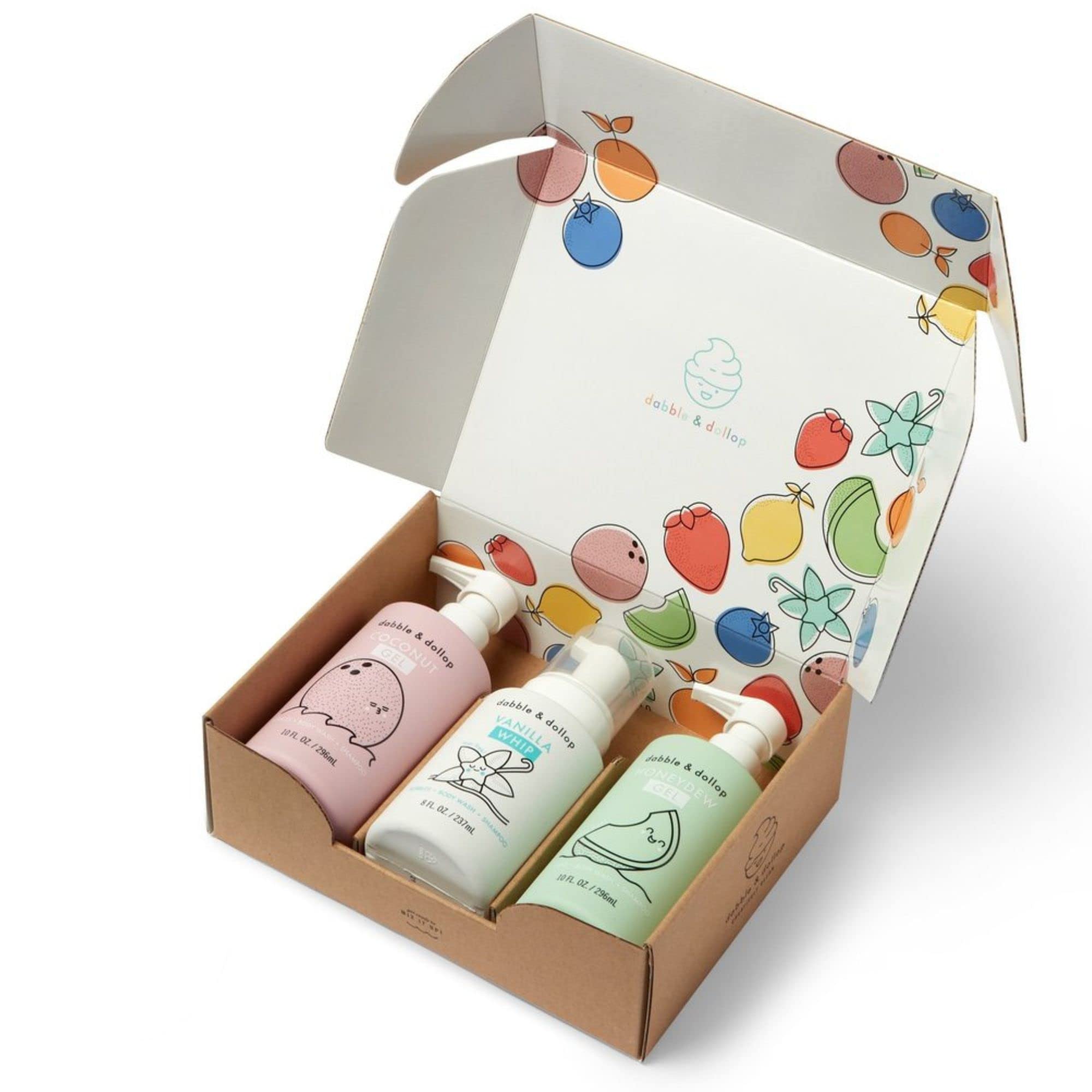 Dabble & Dollop Natural Kids Bubble Bath, Body Wash & Shampoo Set - USA-Made, Vegan, Paraben & Sulfate Free, Gluten-Free, Tear-Free - Honeydew Melon, Vanilla & Coconut Scent (3-Pack) | Gentle Cleansing for Beach Days, Pool Time & Bathtub Fun