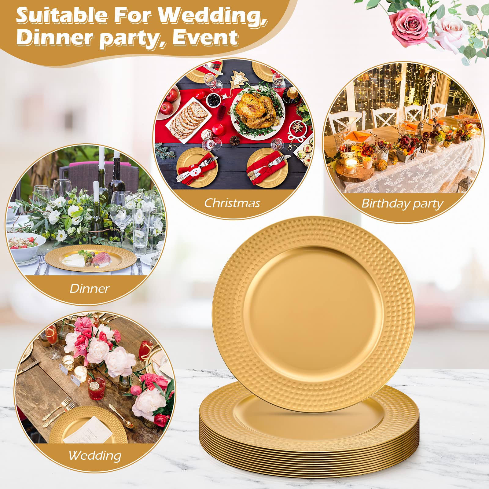 18-Piece 13-Inch Gold Plastic Charger Plates Set - Elegant Round Dinner Plates for Weddings, Parties, Thanksgiving & Restaurant Events - Perfect for Formal Dining & Holiday Table Decor