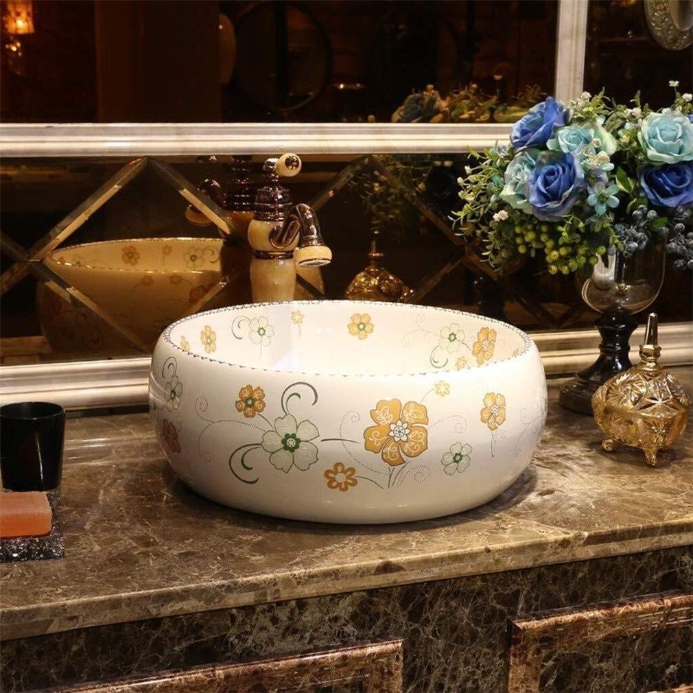 Round Ceramic Vessel Sink for Bathroom Vanity - Above Counter Top Mount Drop-in Sink with Cabinet - Perfect for Modern & Farmhouse Bathroom Decor