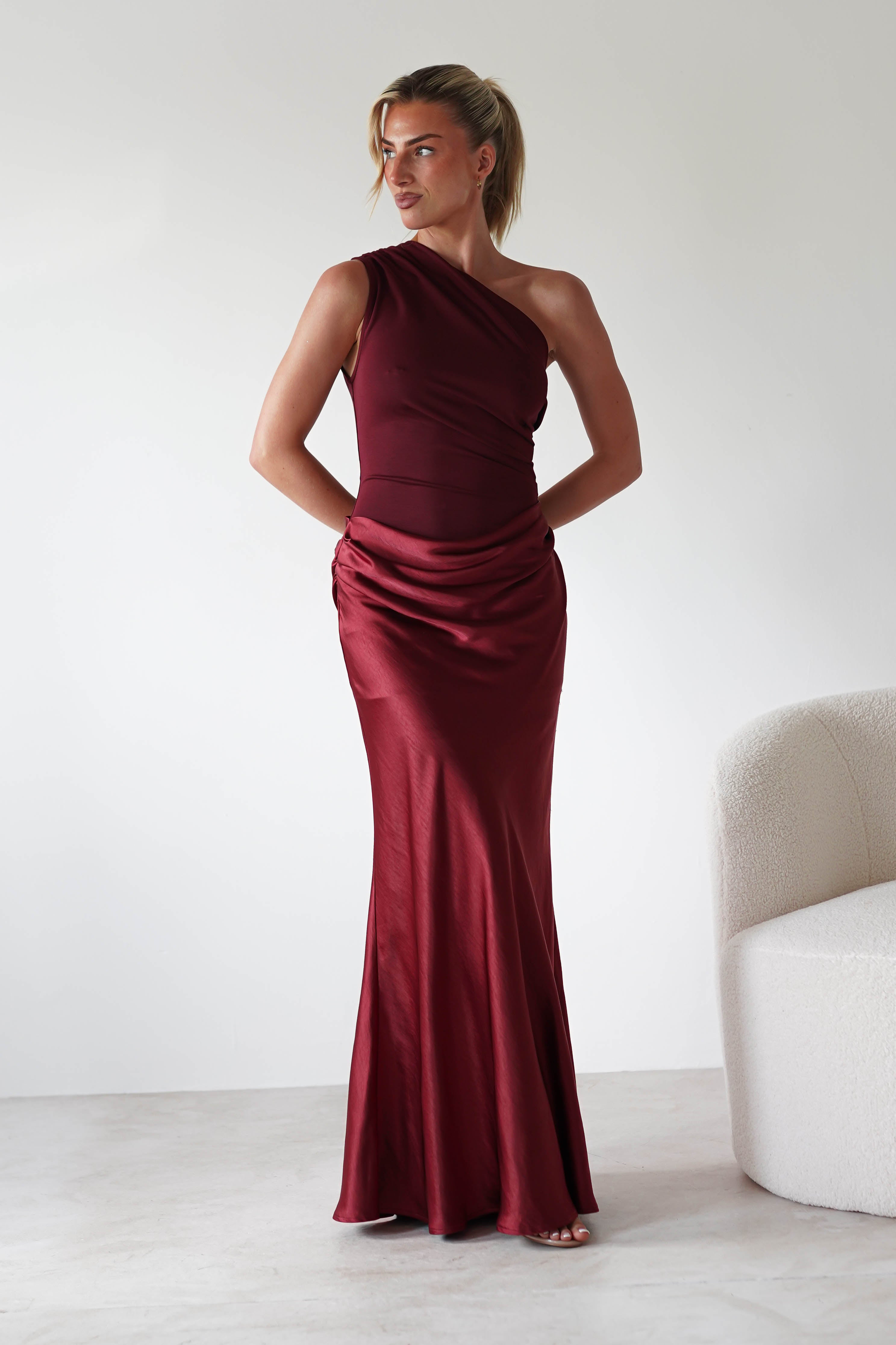 Elegant Kashia Draped Satin Maxi Dress for Women - Burgundy Wine Color | Perfect for Evening Parties, Weddings & Special Occasions