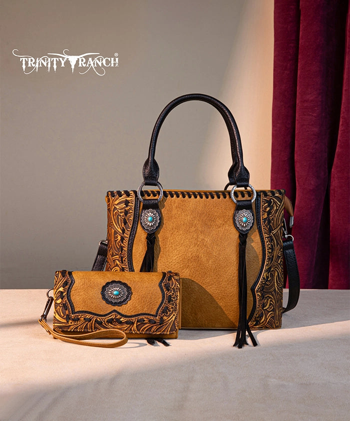 Trinity Ranch Floral Tooled Concho Tote Bag Set - Western Style Leather Handbag for Women - Perfect for Cowgirl Fashion, Rodeo Events & Country Outfits