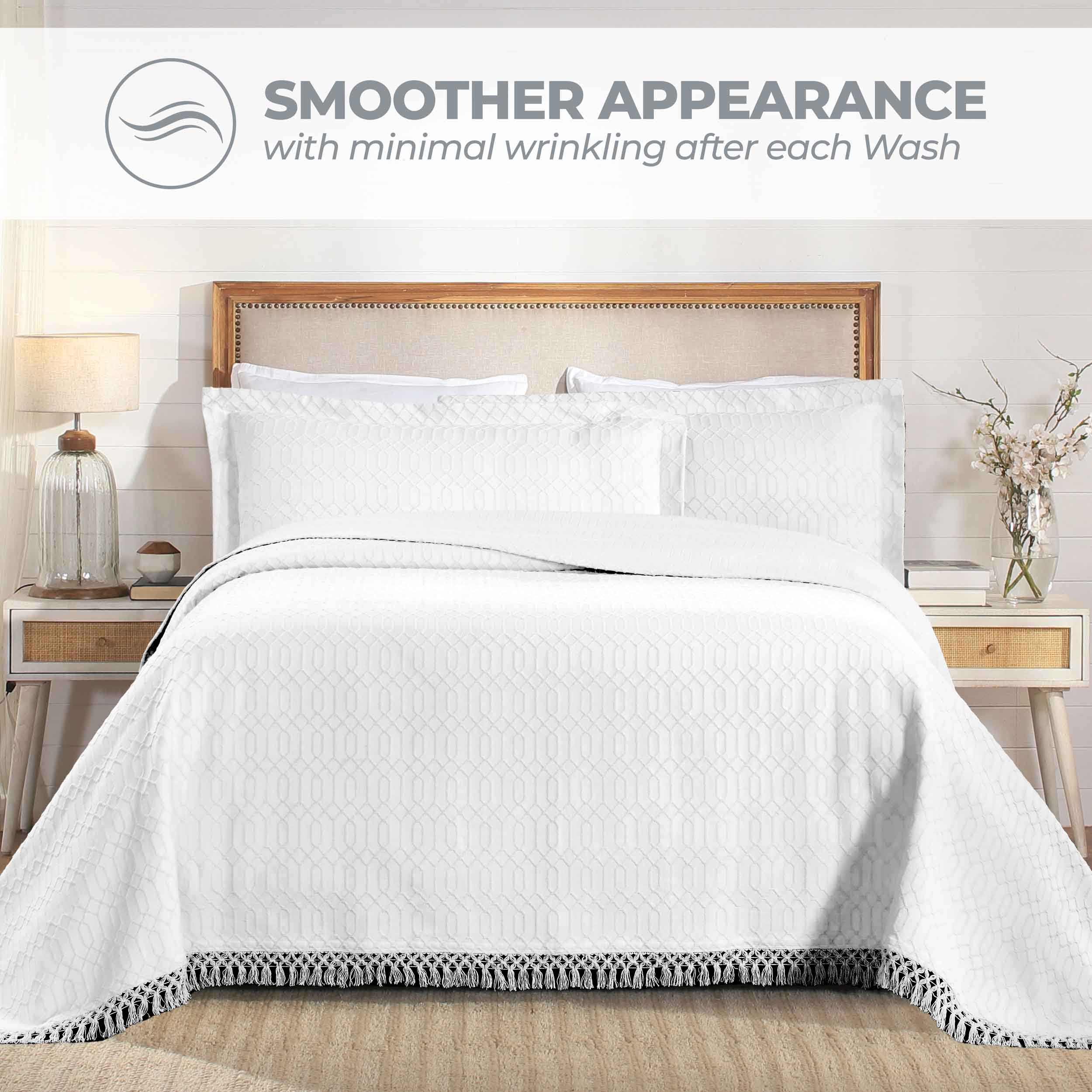 Remi Cotton Blend Jacquard Woven Geometric Fringe Bedspread Set - Queen Size Luxury Bed Cover for Modern Bedroom Decor | Perfect for Master Bedroom, Guest Room & Dorm