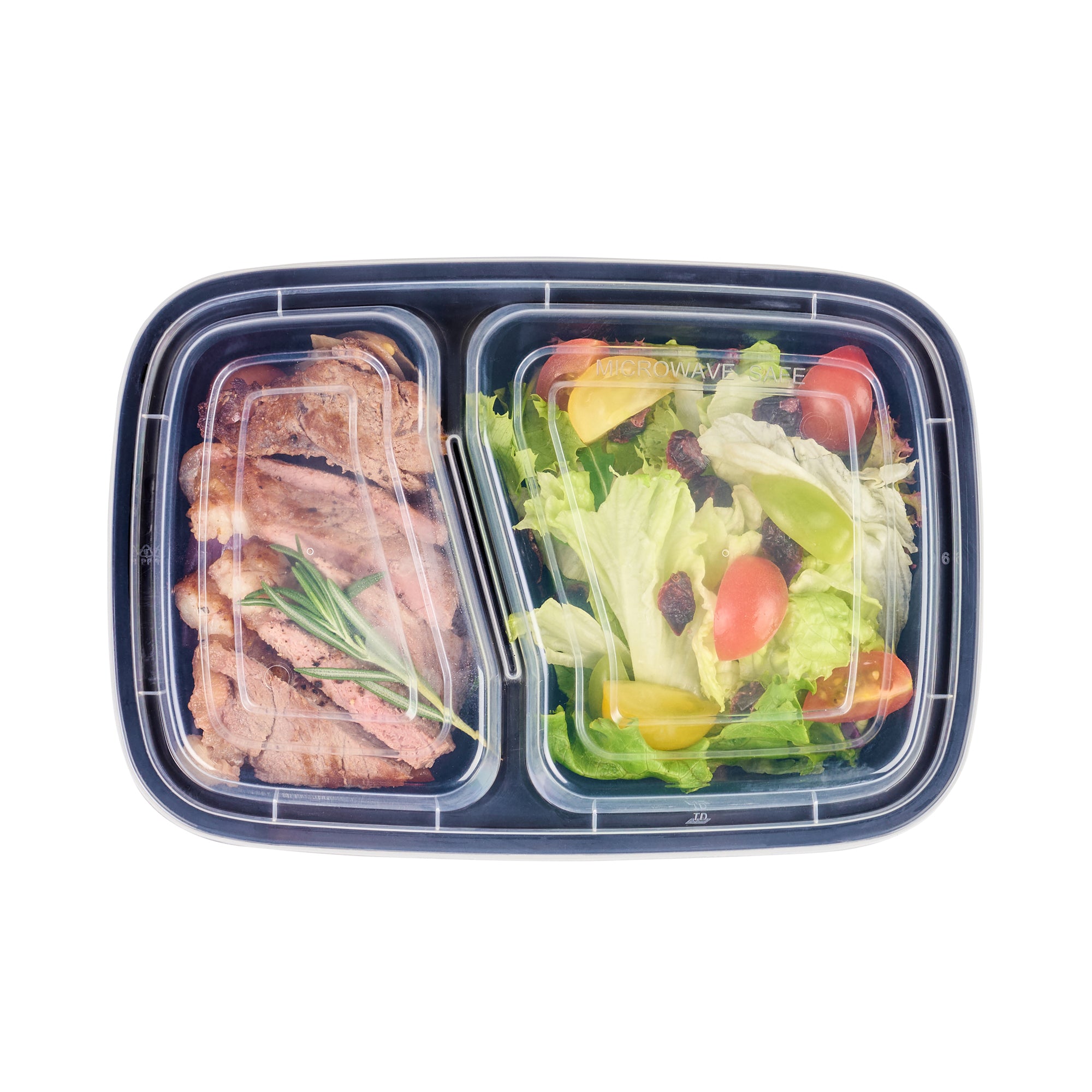 32 oz Black Plastic 2 Compartment Food Storage Containers with Clear Lids - Microwave Safe, 8.75