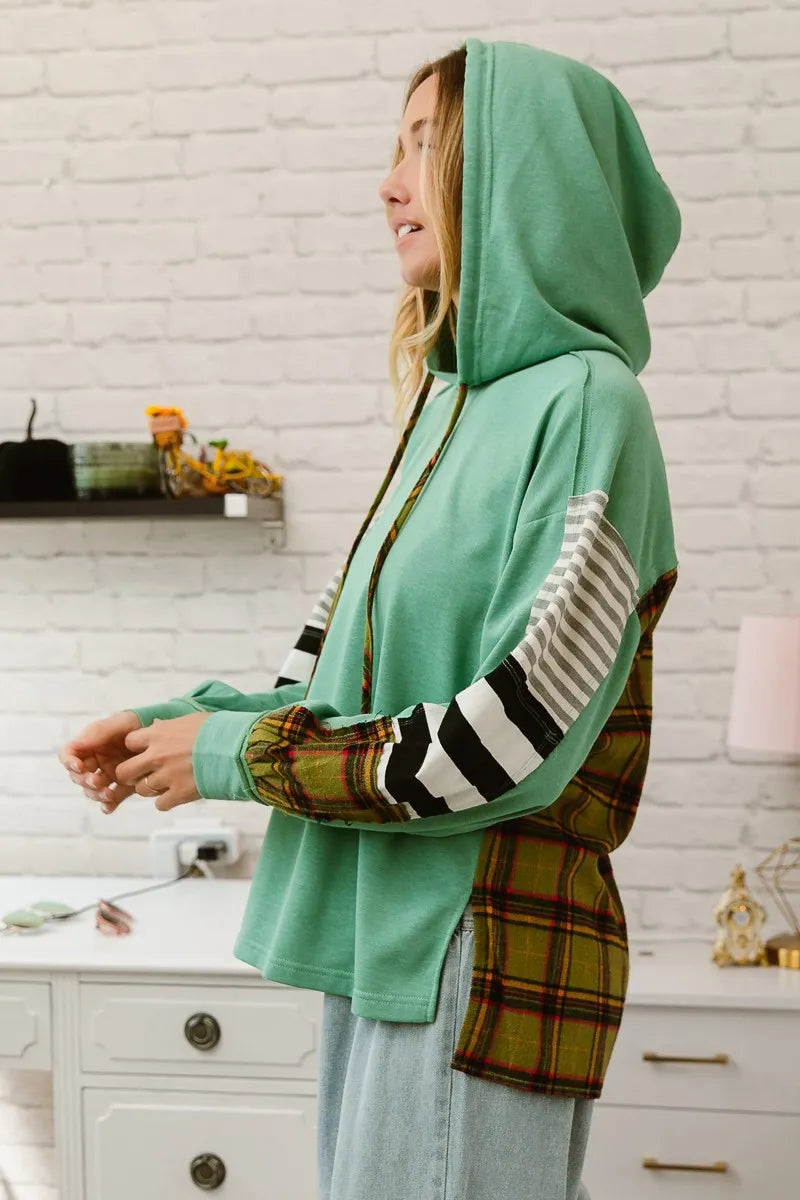 BiBi Plaid & Stripes French Terry Hoodie for Women | Cozy Mix & Match Pullover | Perfect for Casual Outfits, Loungewear & Fall Layering