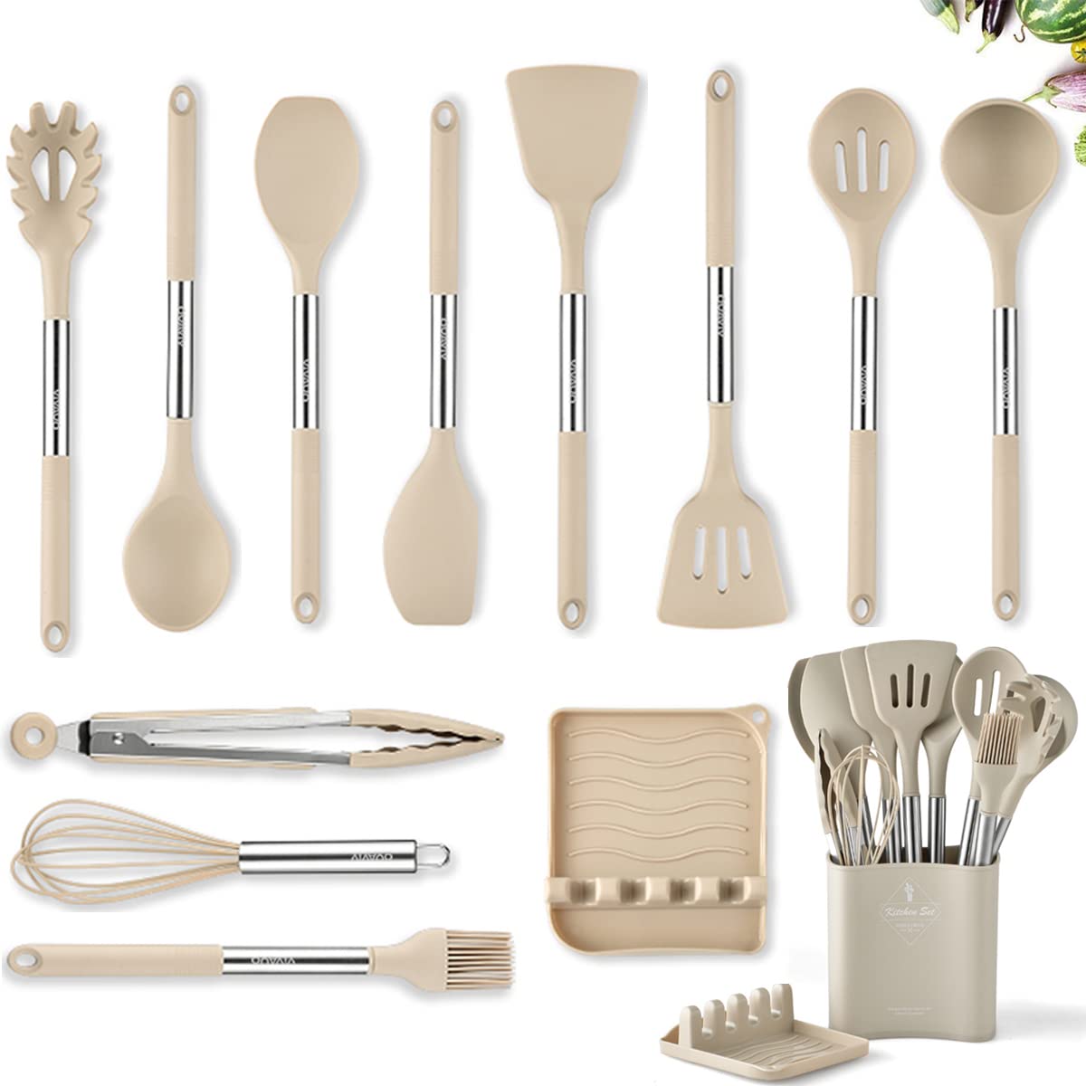 VIVAYO 13-Piece Silicone Kitchen Utensil Set with Stainless Steel Handles & Holder - Non-Slip Spatula, Spoon, Turner for Cooking, Baking, Grilling (Khaki) | Dishwasher Safe & Heat Resistant Kitchen Tools for Home & Restaurant Use