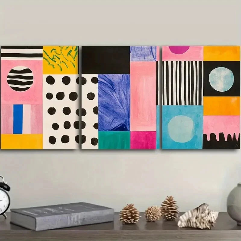 3pcs Vibrant Abstract Colorful Geometric Metal Wall Art Prints - Ready to Hang Modern Home Decor for Living Room, Bedroom & Office