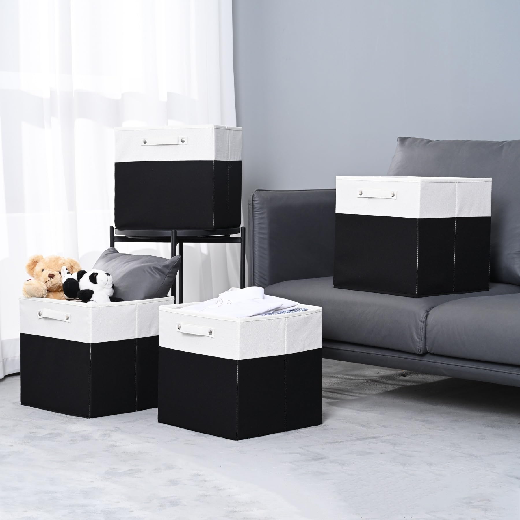 13 x 13 Inch Premium Linen Storage Bins with Handles - 6 Pack Fabric Cube Organizers, Collapsible Closet Baskets for Shelves, Drawers & Home Organization (White/Black) - Perfect for Bedroom, Nursery & Office Storage Solutions