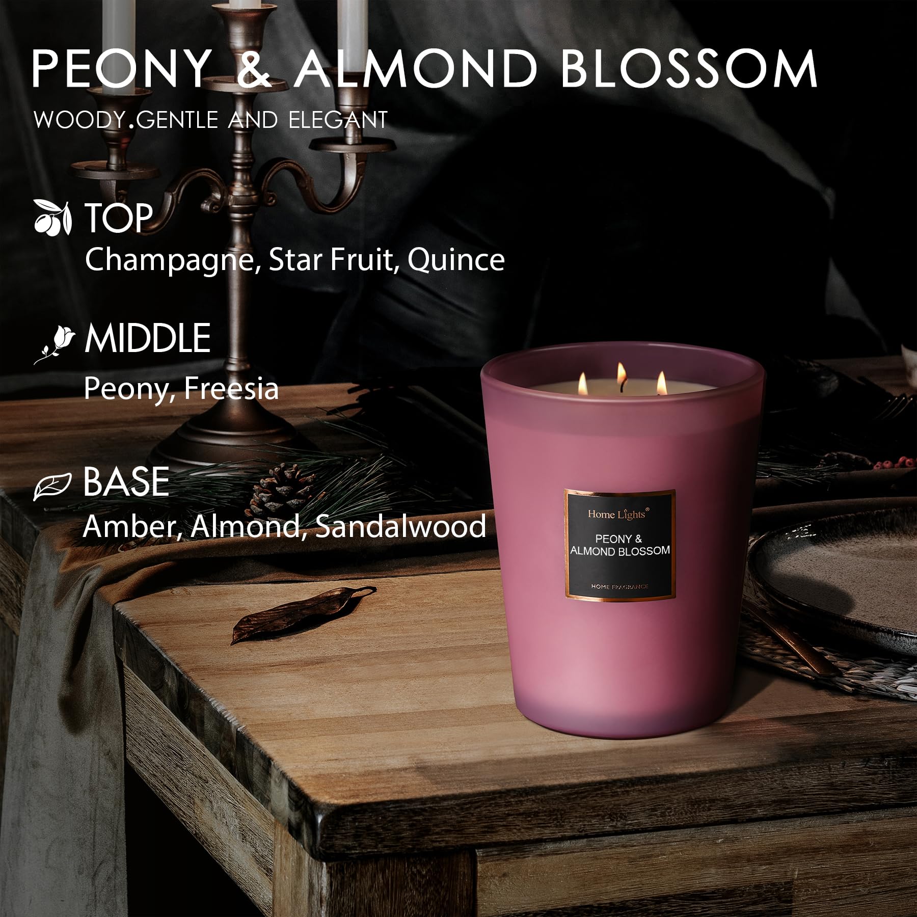 HomeLights Scented Candles - Large Jar Aromatherapy Candles with Natural Soy Wax, 130 Hours Long Burning, Peony & Almond Blossom Fragrance | Perfect for Relaxation, Meditation, Home Decor & Gift Giving