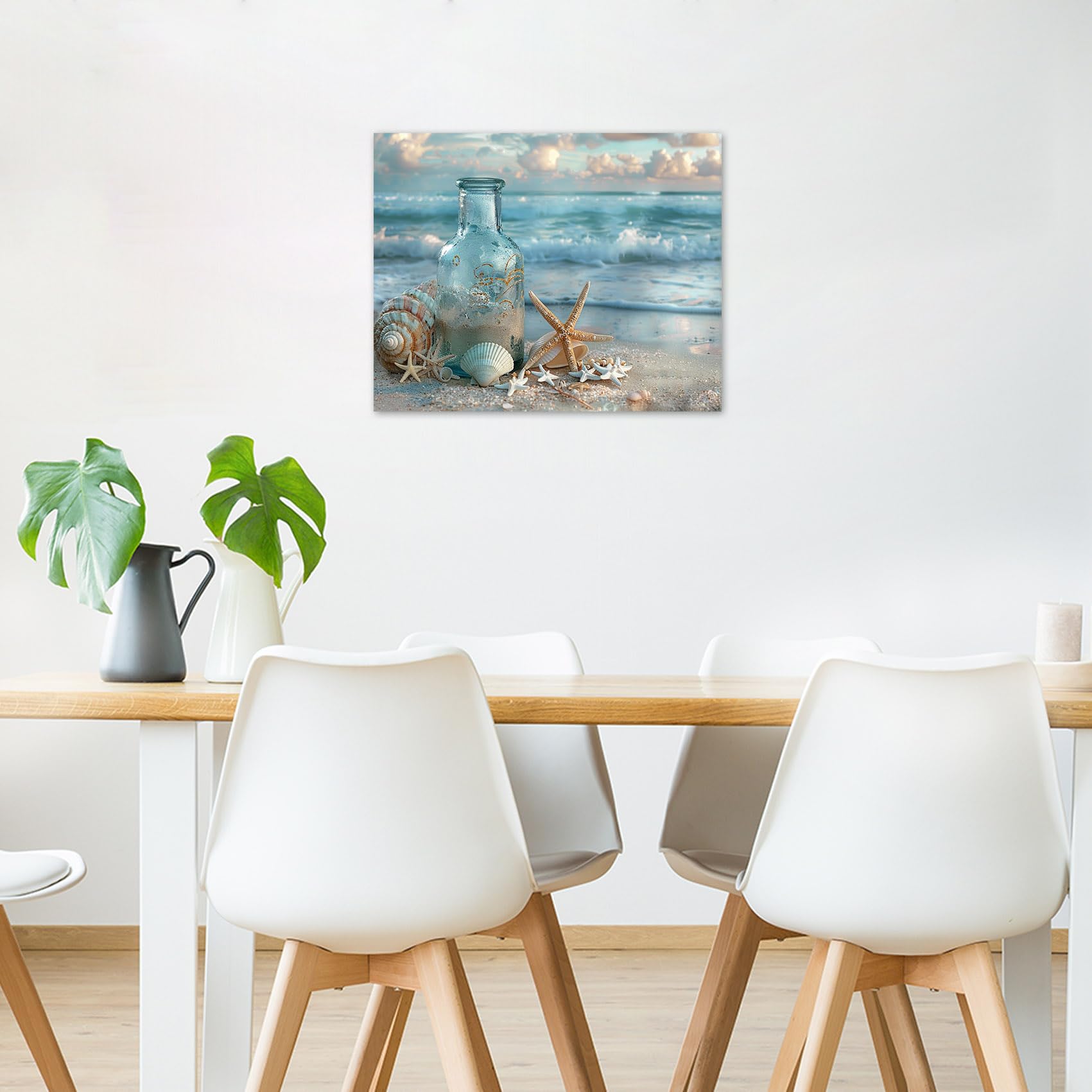LB Coastal Beach Wall Art - Seascape Seashell Starfish Canvas Painting - Blue Ocean Decor for Bathroom, Living Room, Bedroom & Office - Ready to Hang 20x16 Inch - Perfect for Beach House, Vacation Rental & Coastal Theme Interior Design
