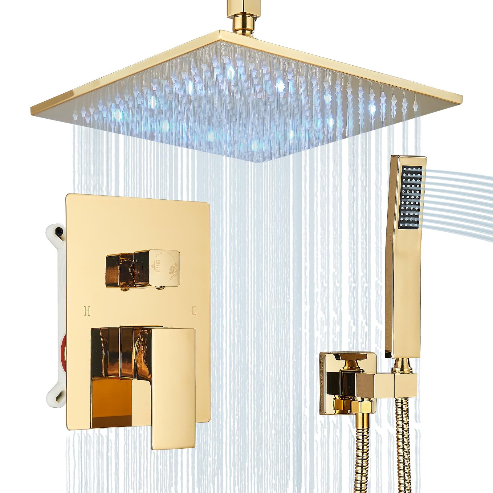 Premium 12 Inch LED Square Rainfall Shower Head Set - Polished Gold Ceiling Mount Shower System with Hand Sprayer, Rough-in Valve & Trim Kit | Modern Bathroom Mixer Combo for Luxurious Spa Experience at Home