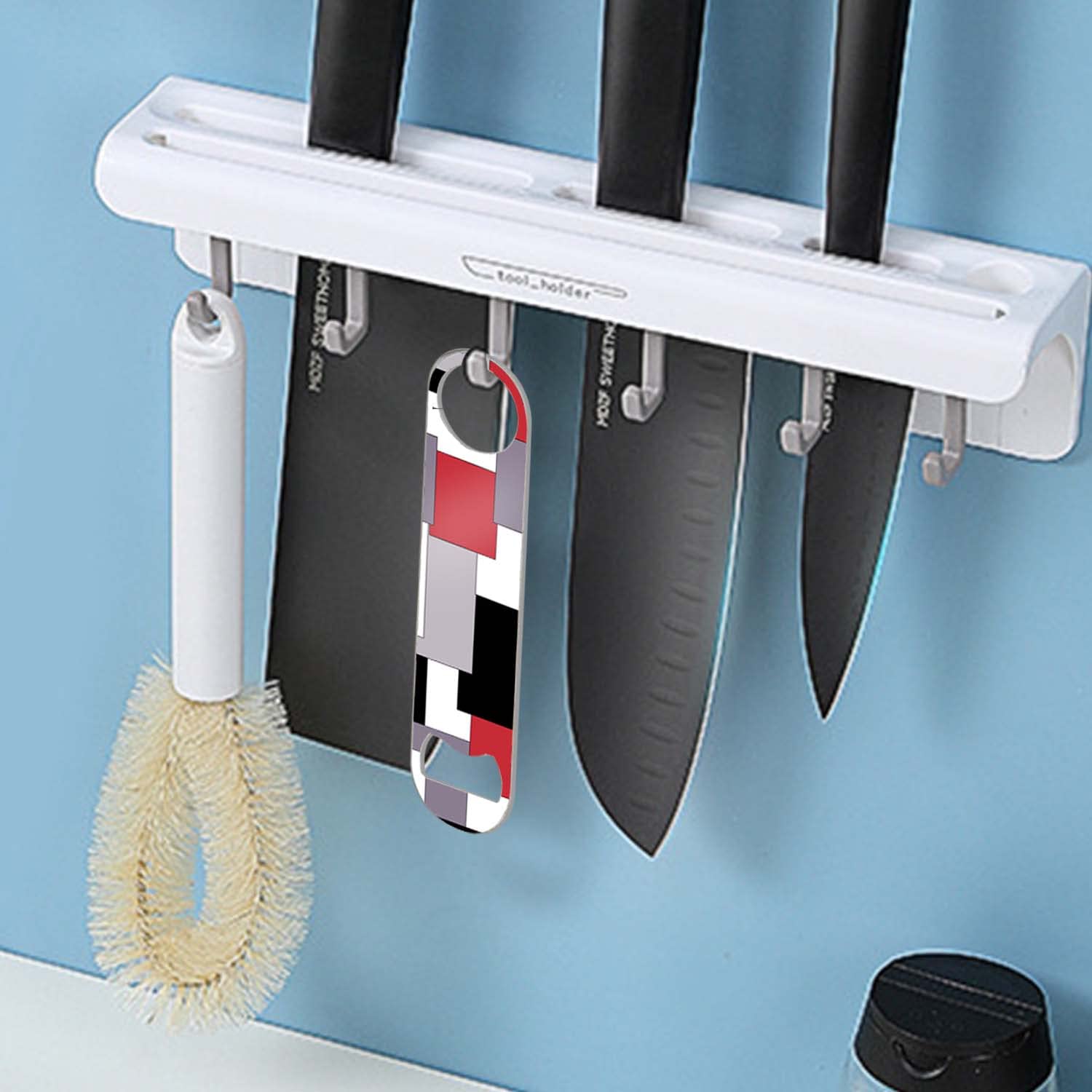 Heavy Duty Stainless Steel Flat Bottle Opener - 7 Inch Bartender Tool with Red & Black Geometric Pattern - Perfect for Bars, Home Use, and Outdoor Parties