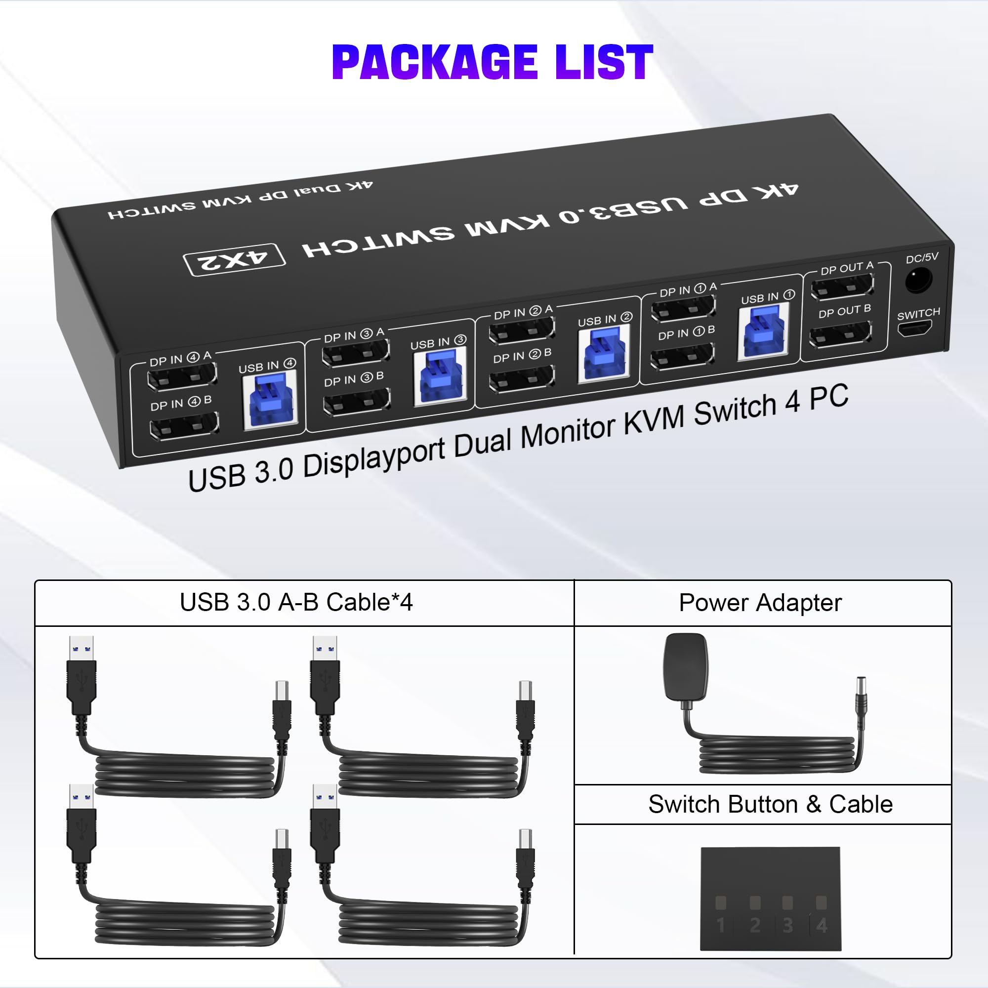 4K 60Hz USB 3.0 DisplayPort KVM Switch for 4 PCs & 2 Monitors - Dual Monitor Support with Audio/Mic Output & 3 USB 3.0 Ports - Ideal for Home Office, Gaming Setup, and Multi-Computer Workstations