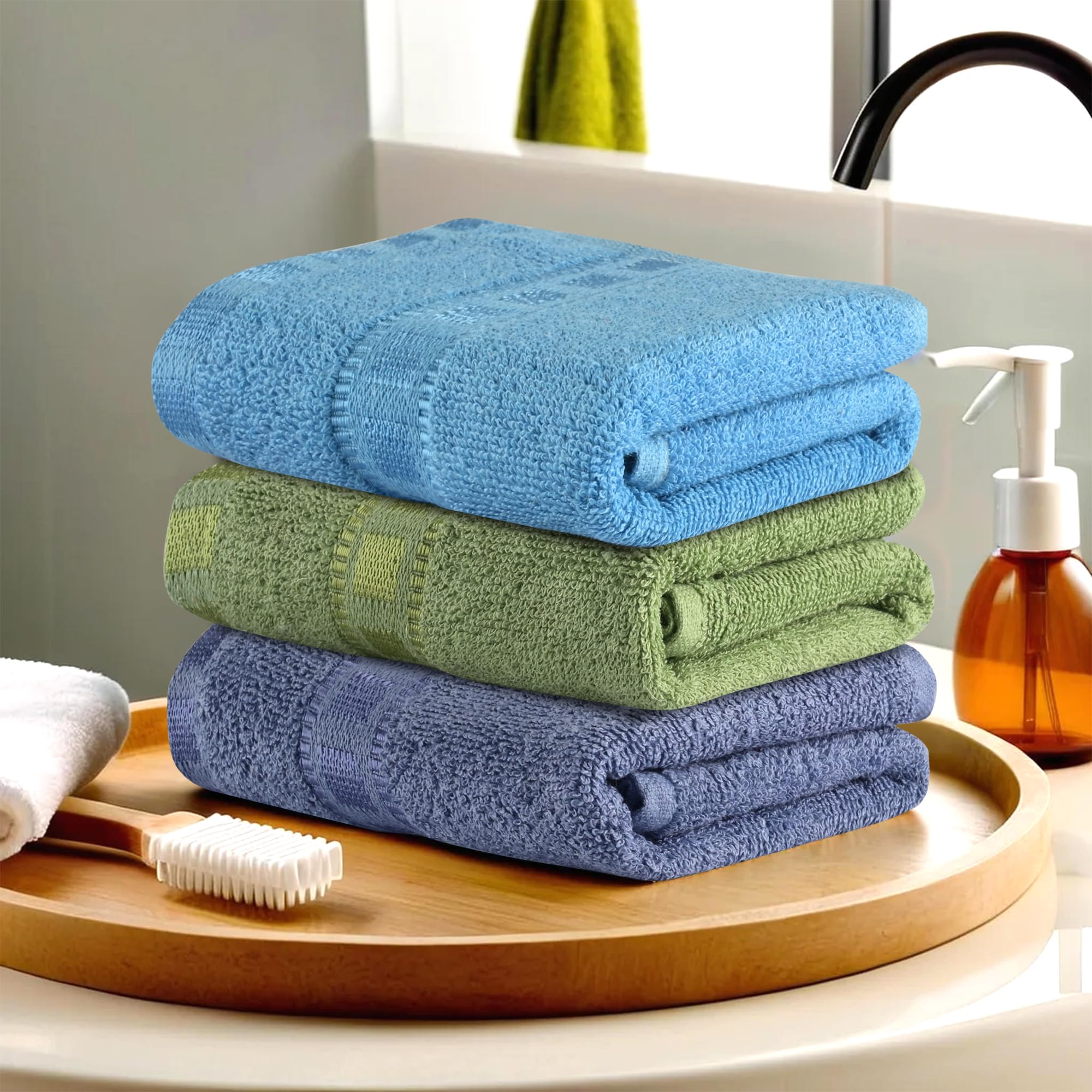 Premium Pack of 3 Soft Cotton Hand & Face Towels for Men & Women | Quick-Dry & Absorbent Gym Towels | Portable Pocket Size for Workout, Travel & Sports | Dark Blue-Green & Sky Blue | Ideal for Gym, Yoga, Hiking & Outdoor Activities